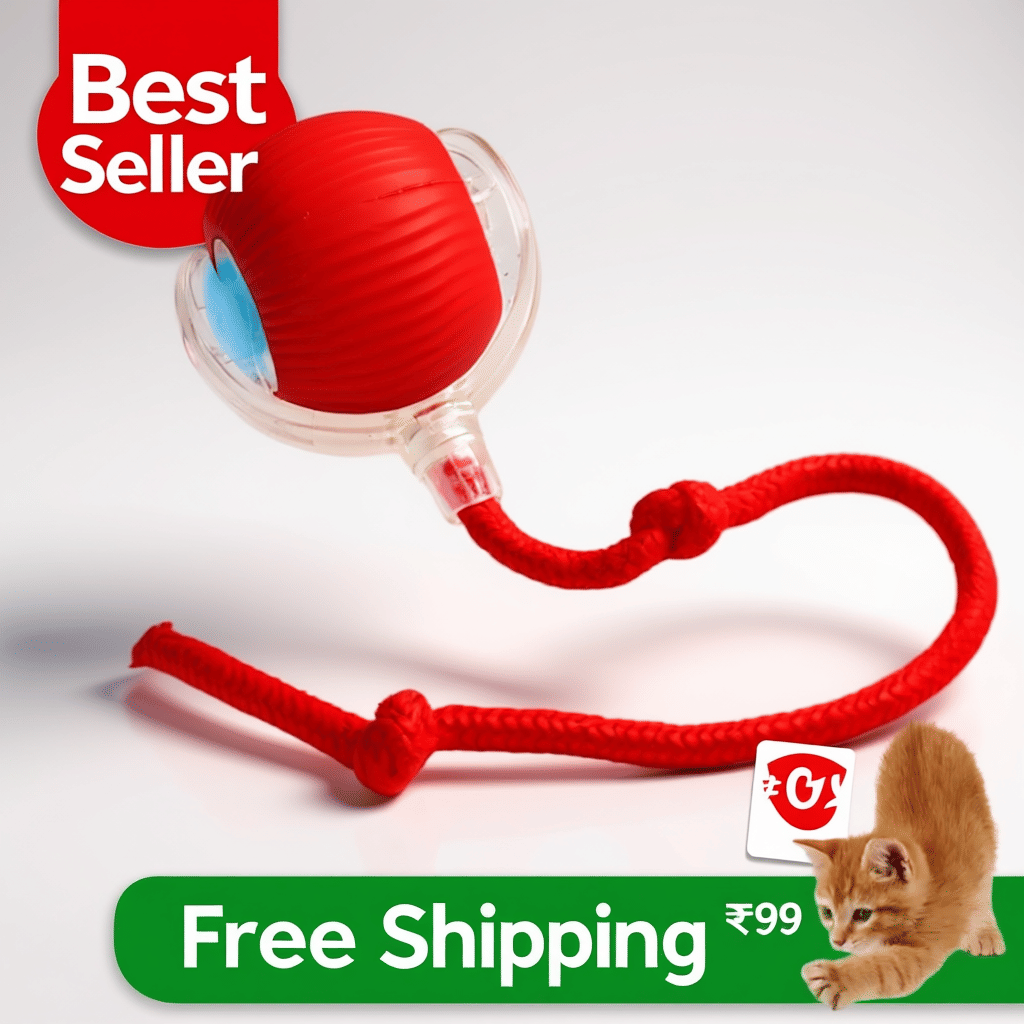     			Automatic Rolling Cat Ball Toy, 2-Speed Modes, Teasing Tail & Bell Charm, Interactive Self Play Chasing Silicone Ball Toy for Indoor Cats