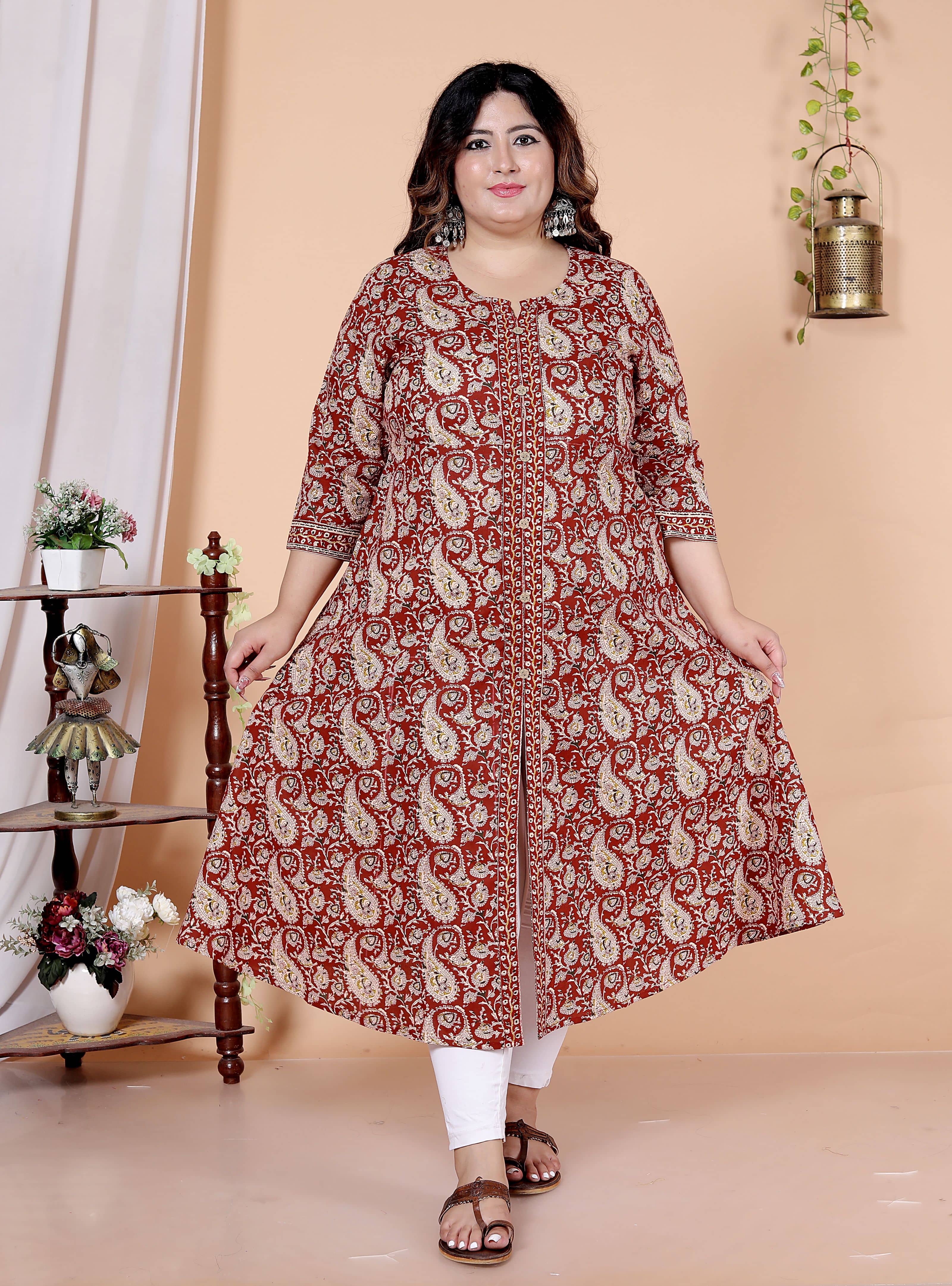 Avnii Women Cotton Printed A-line Kurti ( Maroon ) - Kurtis, Tunics | Buy online on ZillyBuy