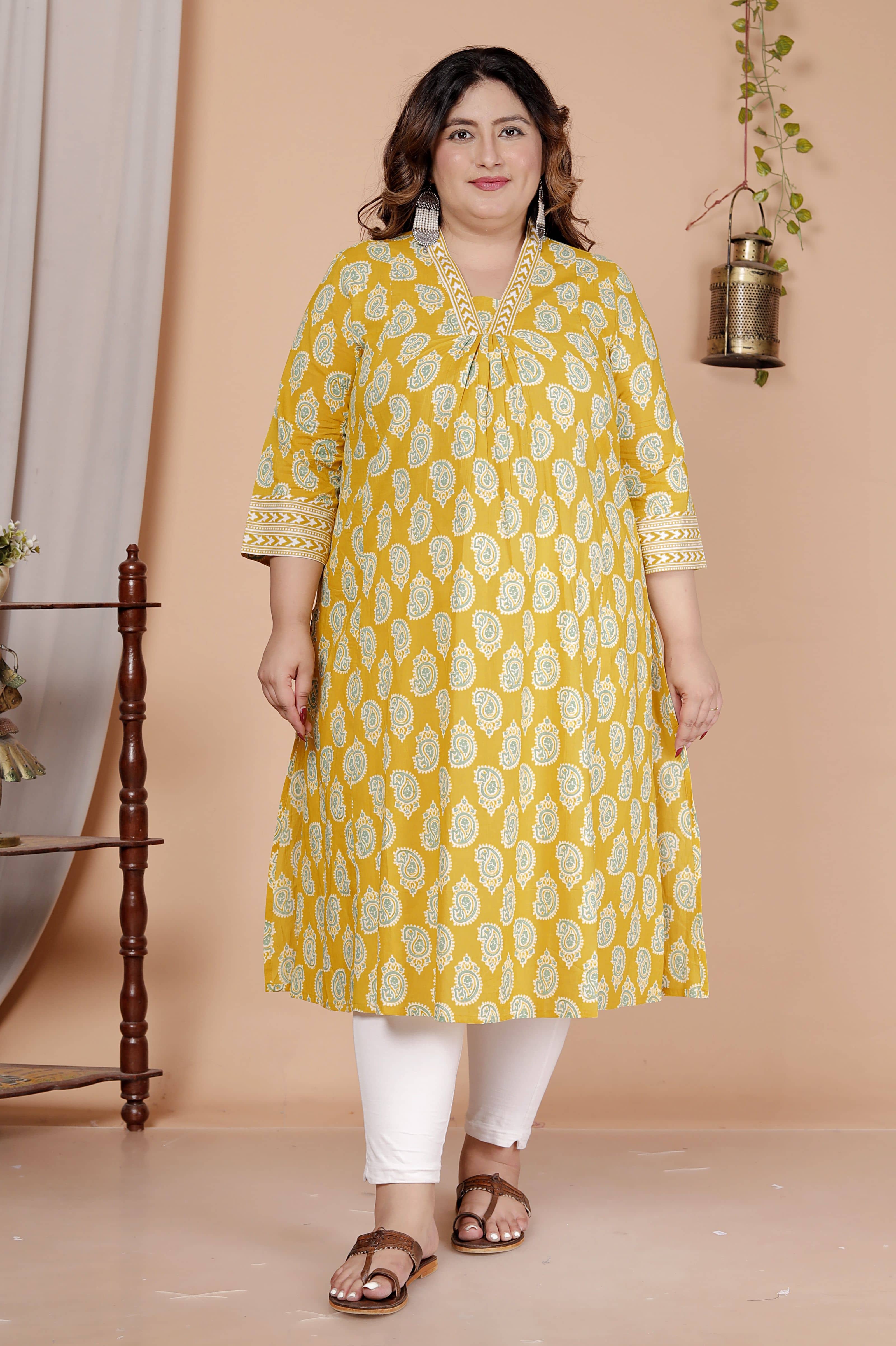 Avnii Women Cotton Printed Straight Kurti ( Yellow ) - Kurtis, Tunics | Buy online on ZillyBuy