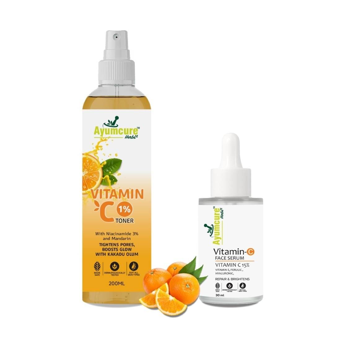     			Ayumcure Vitamin C Combo Pack with 3% Niacinamide + 15% Vitamin C, Vitamin E & Hyaluronic I Helps in Tightens Pores & Boosts Glow I All Skin Type I 200ml Toner + 30ml Serum I Men & Women