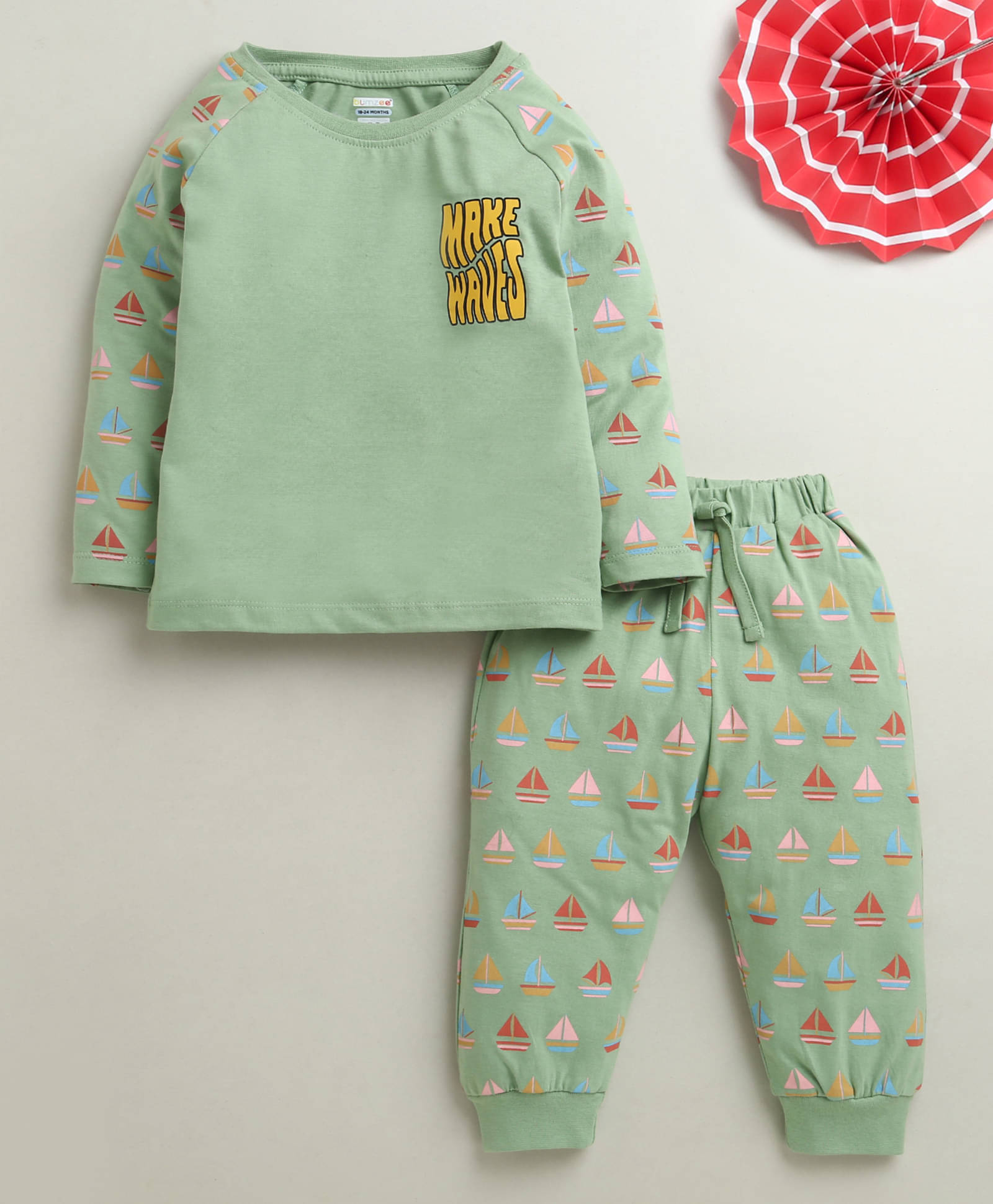     			BUMZEE Pack of 1 Baby Boys 100% Cotton Tshirt & Pajama Set ( Green )