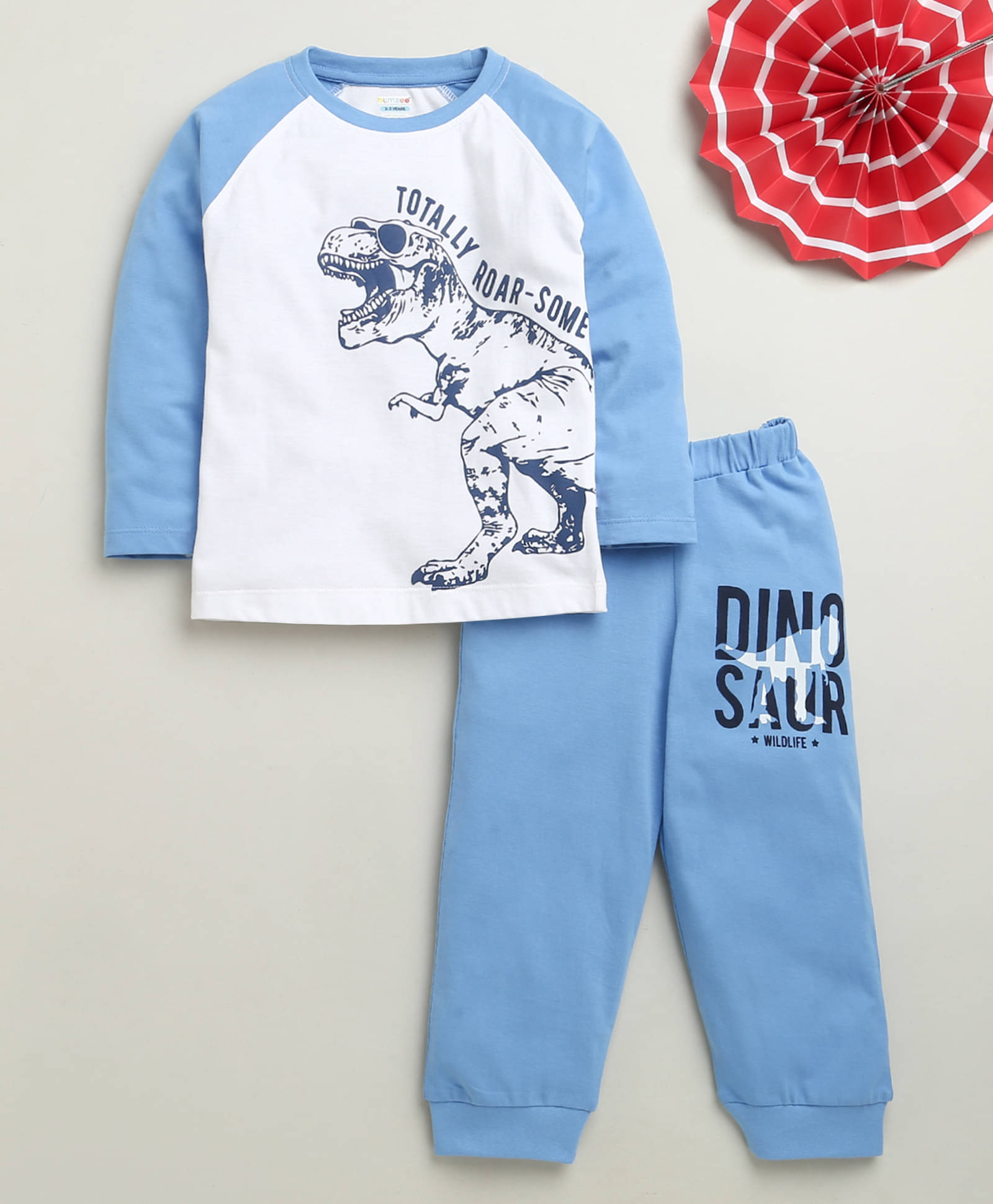     			BUMZEE Pack of 1 Boys 100% Cotton Tshirt & Pajama Set ( Ghost White )