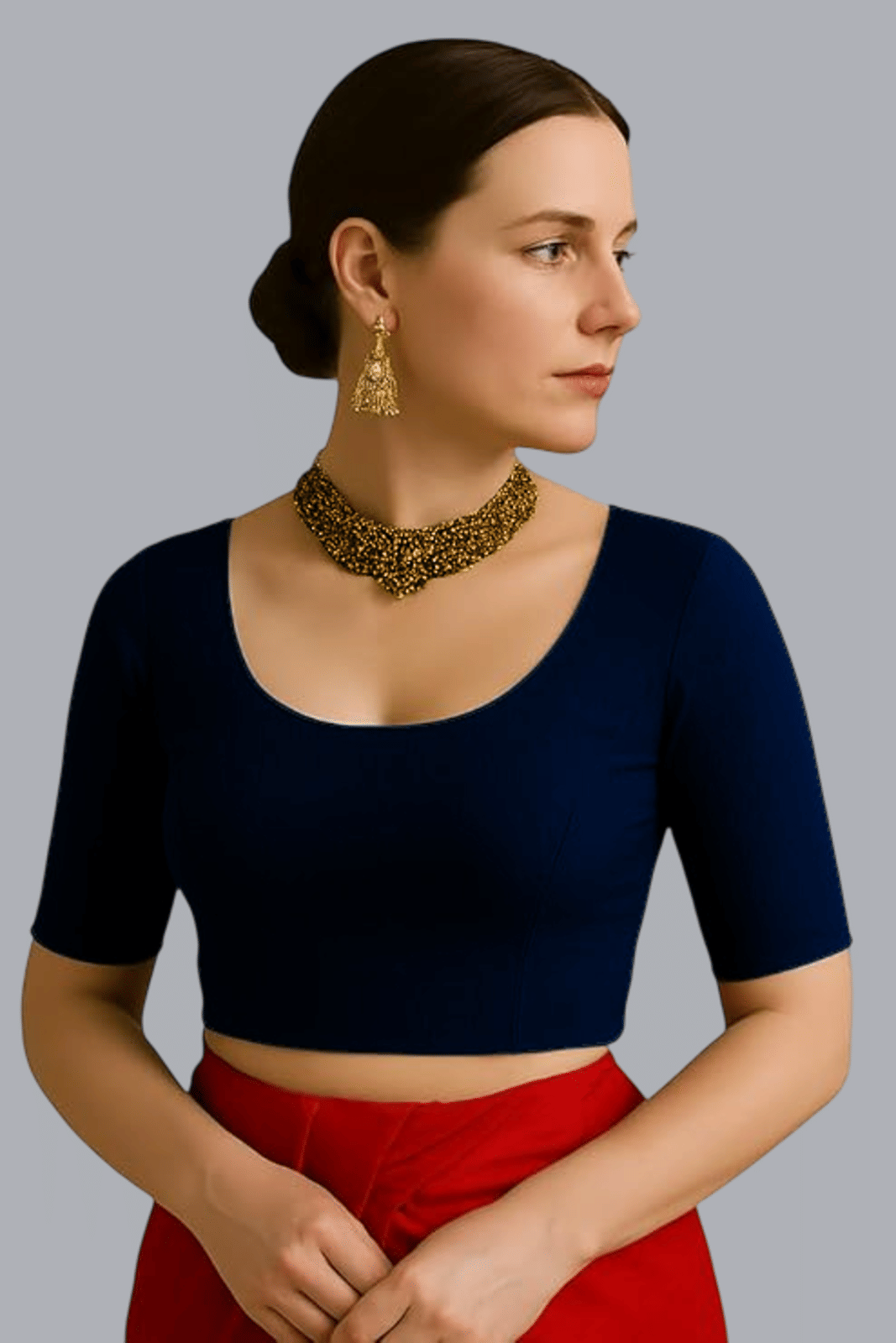 Bulbul Lycra Readymade without Pad Round Neck Women's Blouse ( Navy ) Bulbul Lycra Readymade without Pad Round Neck Women's Blouse ( Navy )