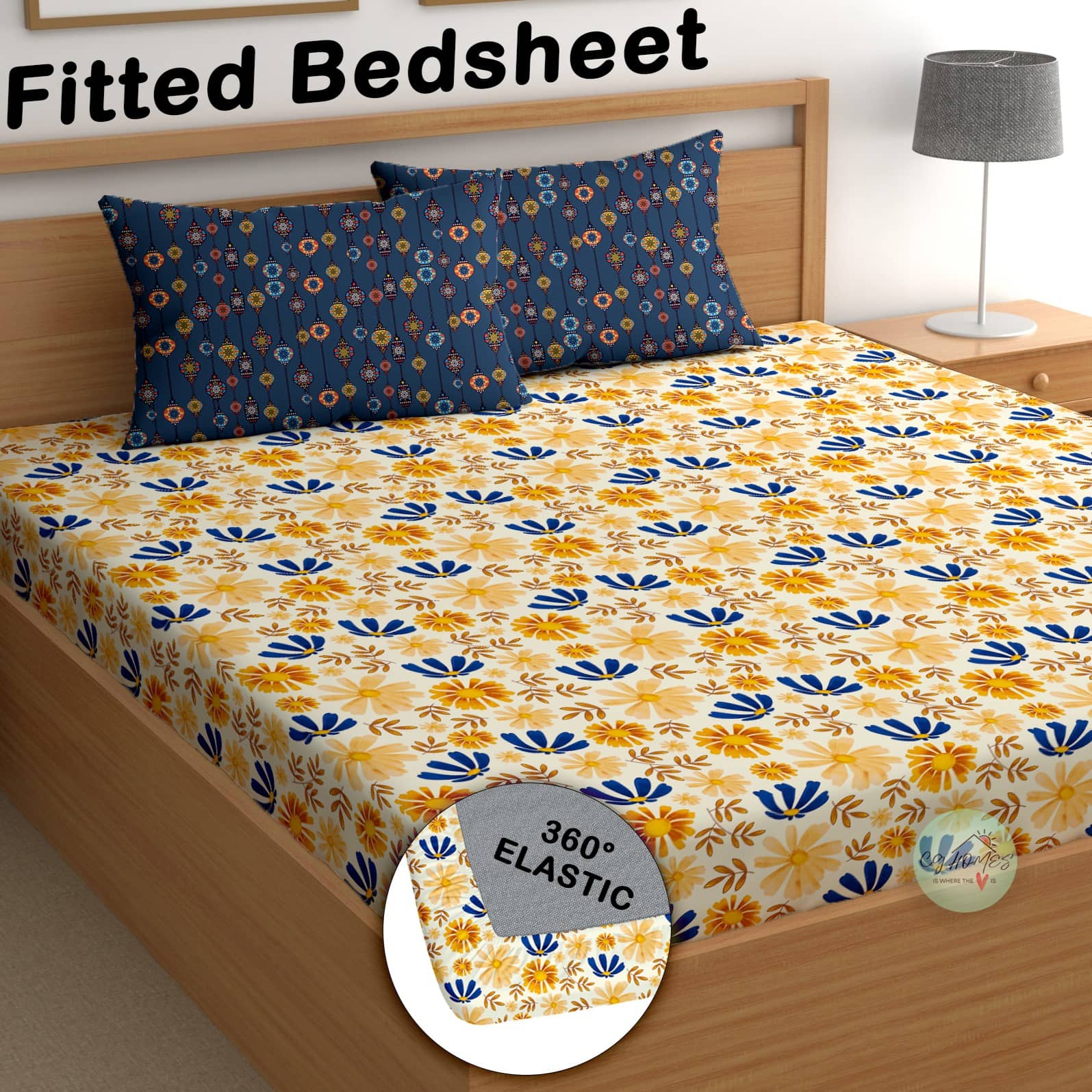 CG HOMES Cotton 1 Double Fitted Bedsheet with 2 Pillow Covers ( 230 cm x 225 cm ) , Yellow