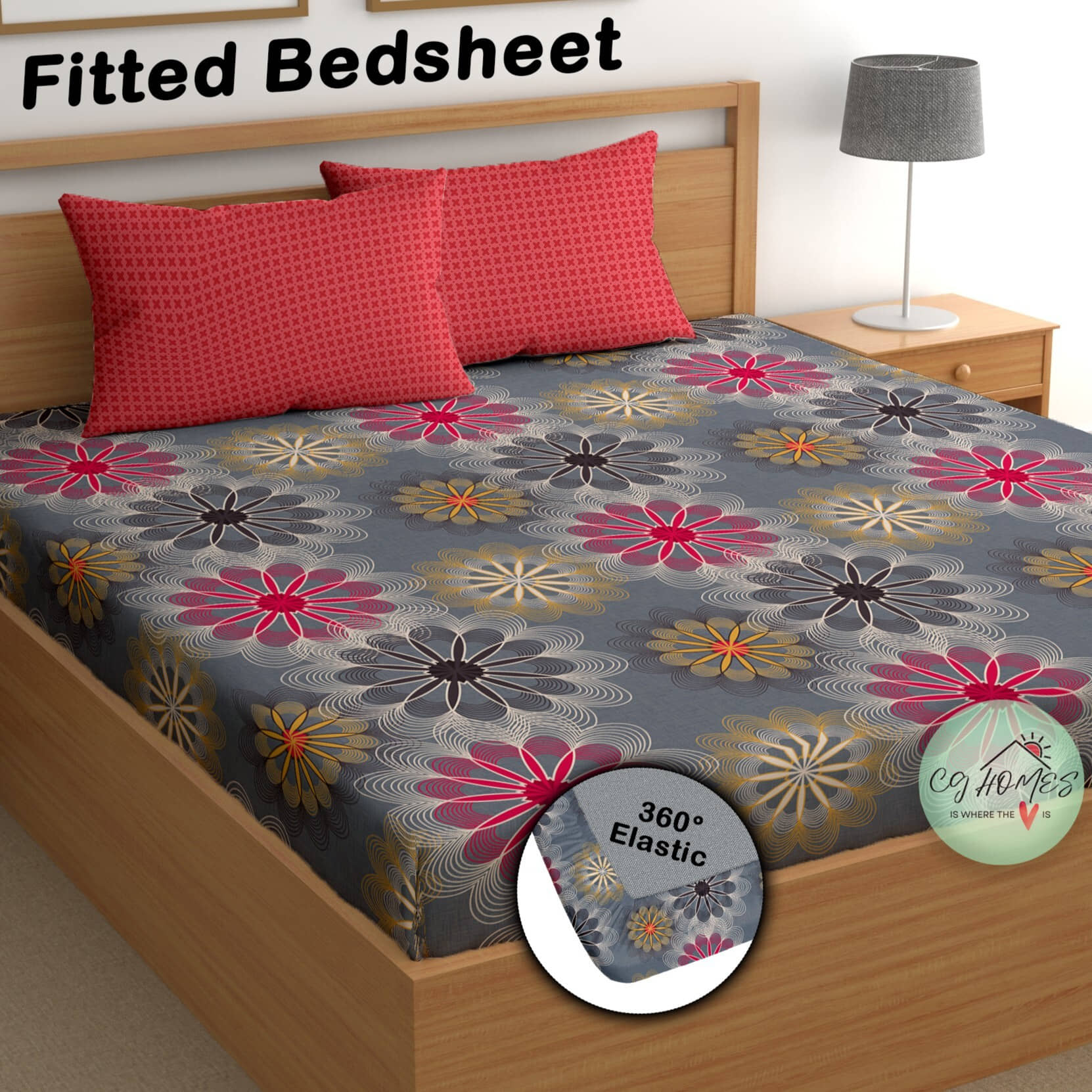 CG HOMES Cotton 1 Double Fitted Bedsheet with 2 Pillow Covers ( 230 cm x 225 cm ) , Gray