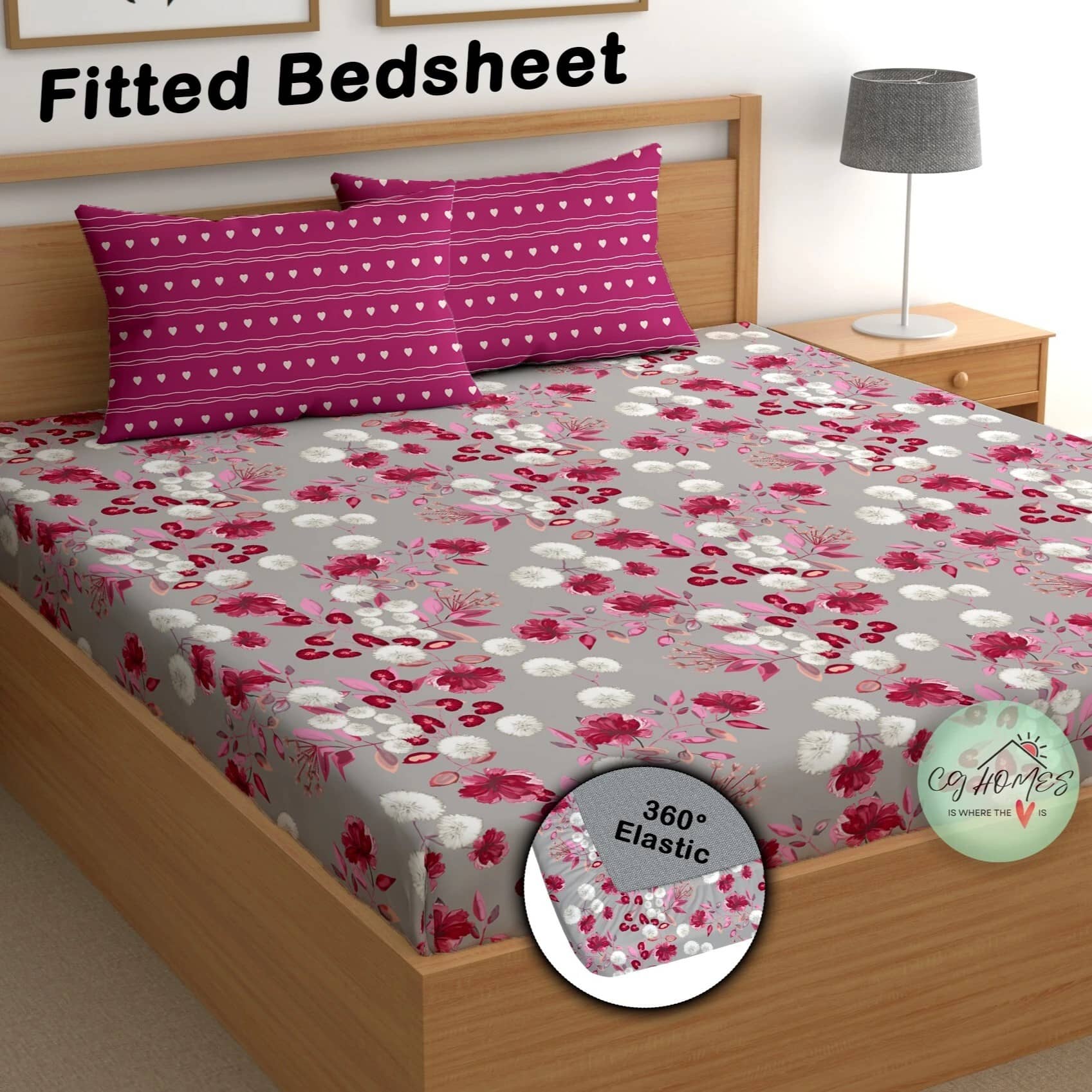 CG HOMES Cotton 1 Double Fitted Bedsheet with 2 Pillow Covers ( 230 cm x 225 cm ) , Gray