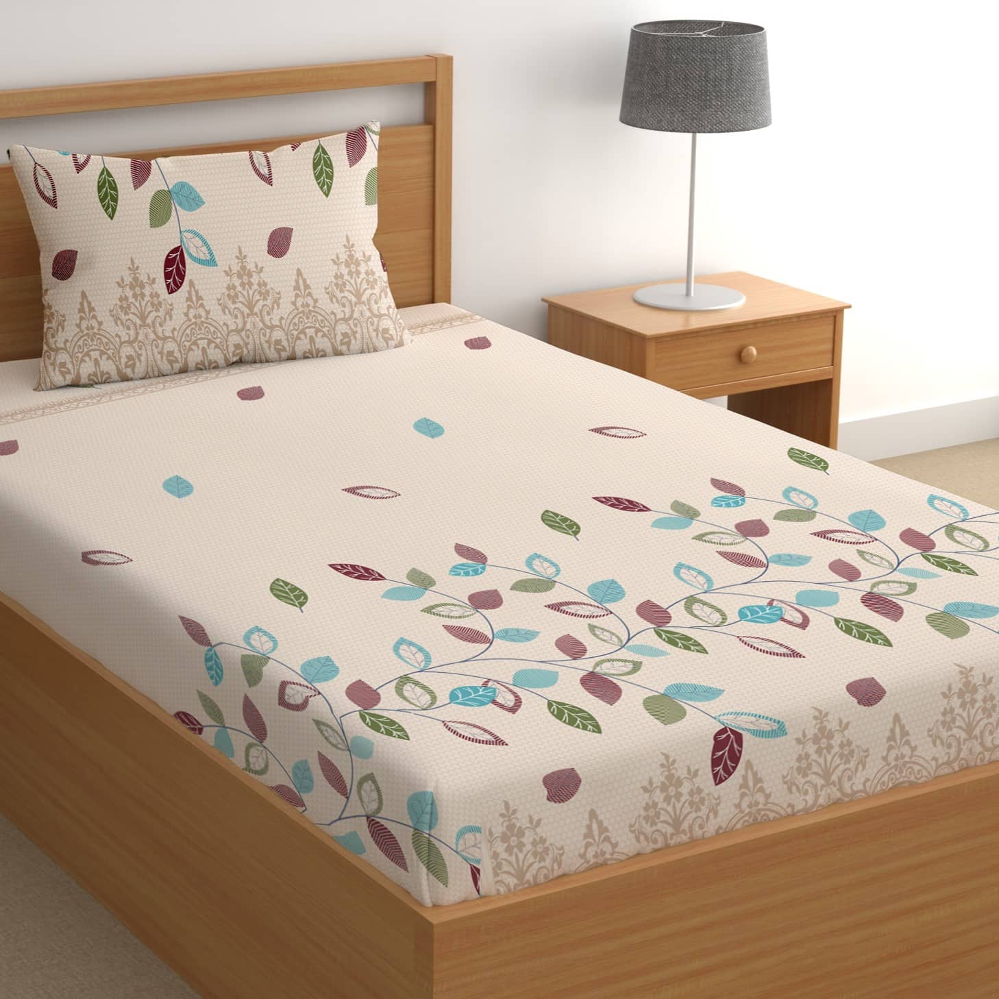CG HOMES Poly Cotton 1 Single Bedsheet with 1 Pillow Cover ( Beige )