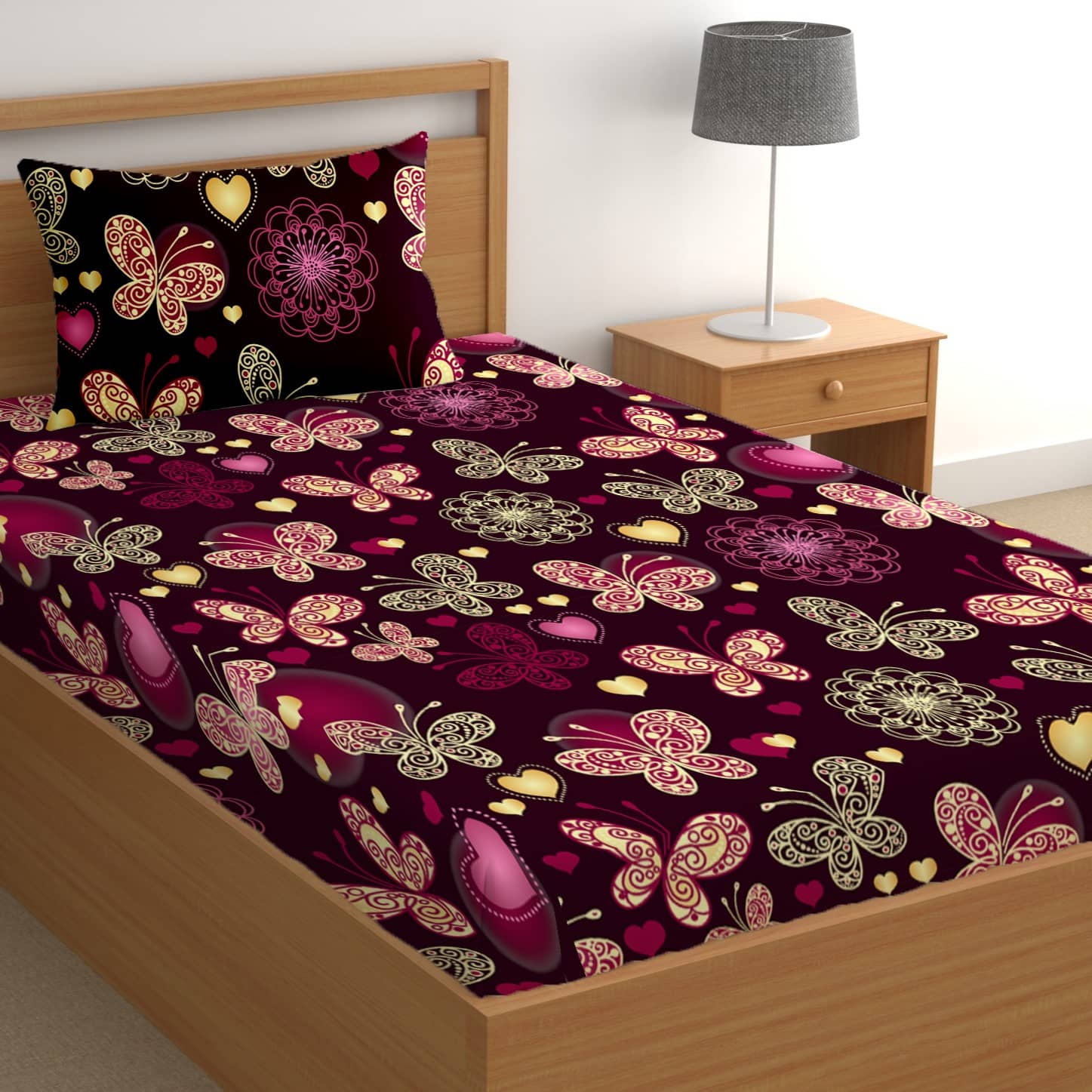 CG HOMES Poly Cotton 1 Single Bedsheet with 1 Pillow Cover ( Maroon )