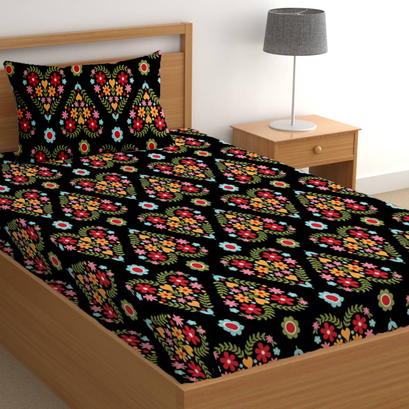     			CG HOMES Poly Cotton 1 Single Bedsheet with 1 Pillow Cover ( Black )