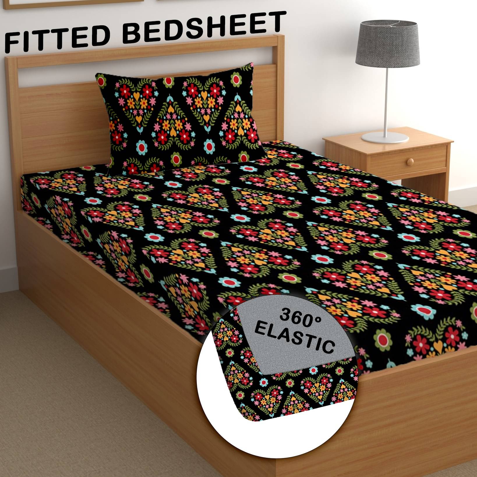 CG HOMES Poly Cotton Abstract Fitted 1 Bedsheet with 1 Pillow Cover ( Single Bed ) - Black CG HOMES Poly Cotton Abstract Fitted 1 Bedsheet with 1 Pillow Cover ( Single Bed ) - Black