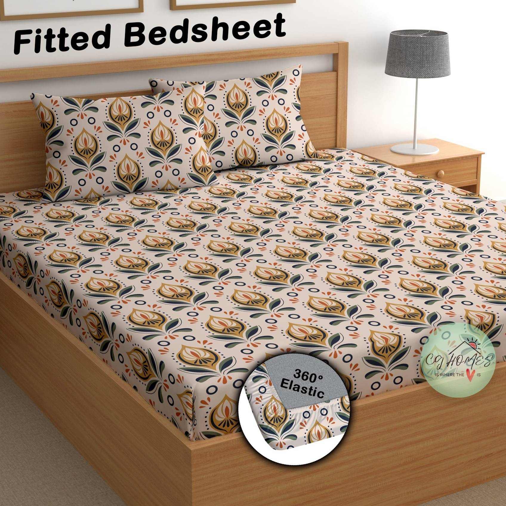     			CG HOMES Poly Cotton Floral Fitted 1 Bedsheet with 2 Pillow Covers ( Double Bed ) - Beige