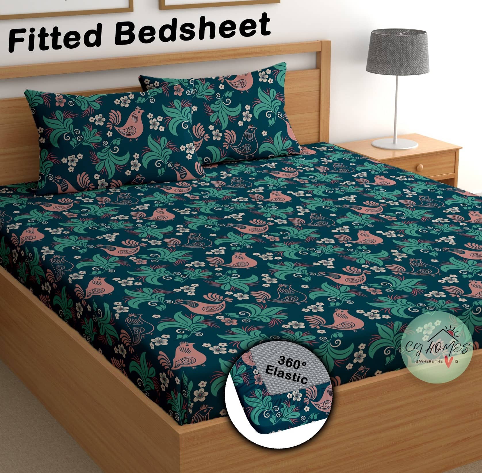 CG HOMES Poly Cotton 1 Double Fitted Bedsheet with 2 Pillow Covers ( 230 cm x 225 cm ) , Multi