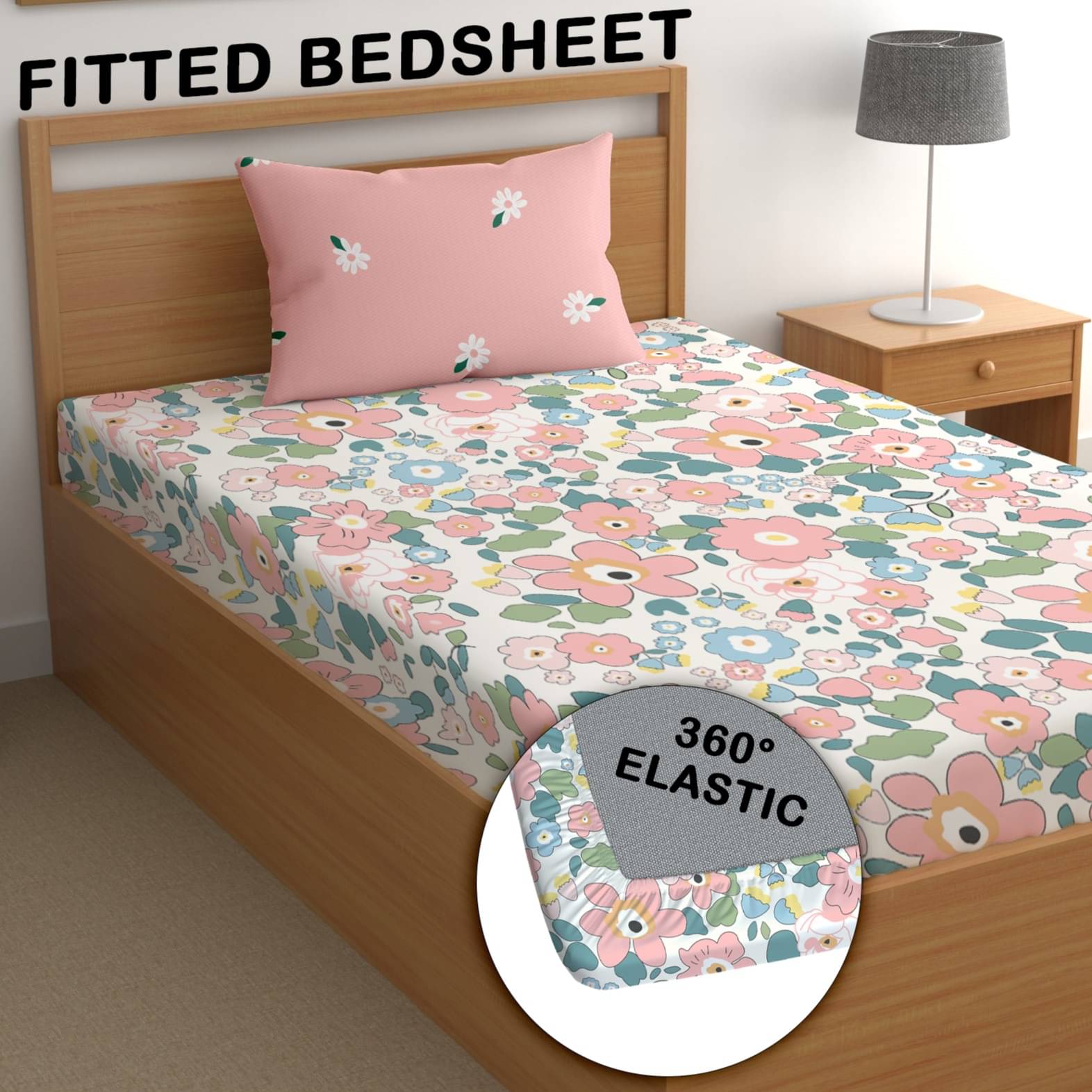 CG HOMES Poly Cotton Floral Fitted 1 Bedsheet with 1 Pillow Cover ( Single Bed ) - Pink CG HOMES Poly Cotton Floral Fitted 1 Bedsheet with 1 Pillow Cover ( Single Bed ) - Pink