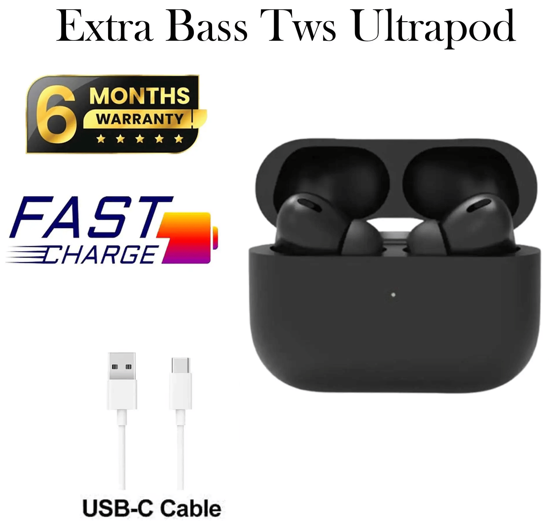     			Deep-Bass Black Wireless Earbuds with ANC & USB-C Fast Charging Case
