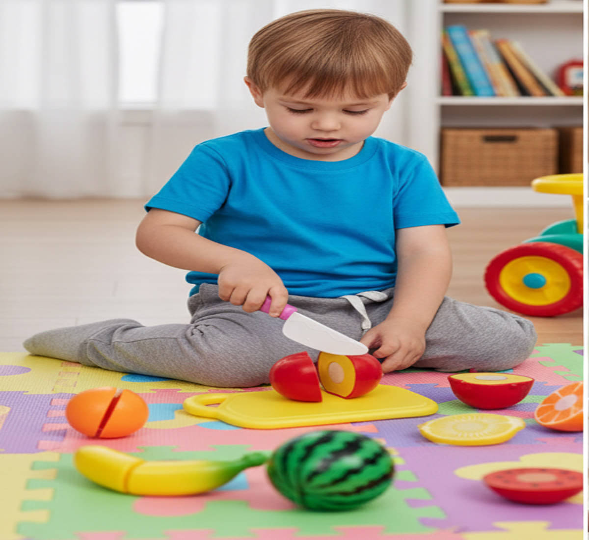     			Disha 7 Pcs Fruits Cutting Play Toy Set (5 Fruits and Vegetables Plus Board & Knife)Multicolour