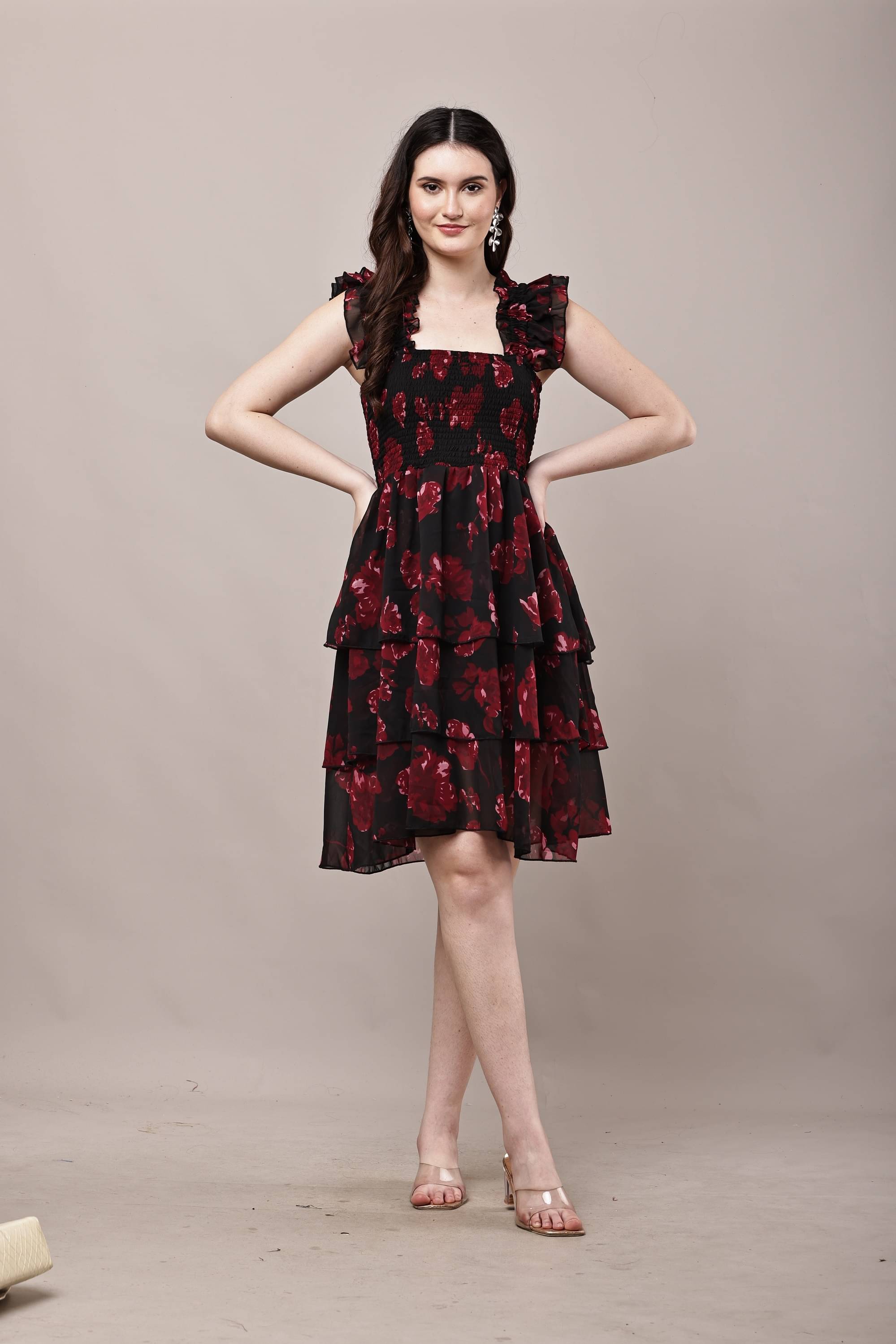     			Elizy Women Georgette Printed Fit & Flare Dress ( Maroon )