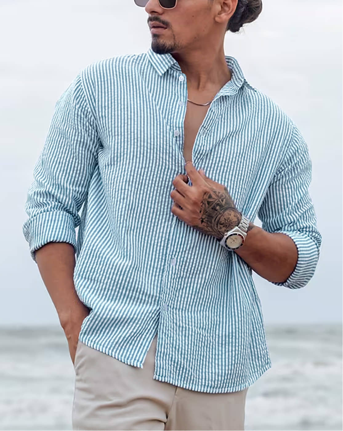 Eyebogler Cotton Blend Regular Fit Striped Full Sleeves Men's Casual Shirt - Blue ( Pack of 1 )