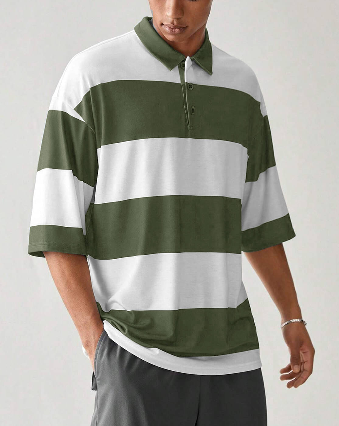     			Eyebogler Men Cotton Blend Oversized Fit Striped Polo T Shirt ( Green )