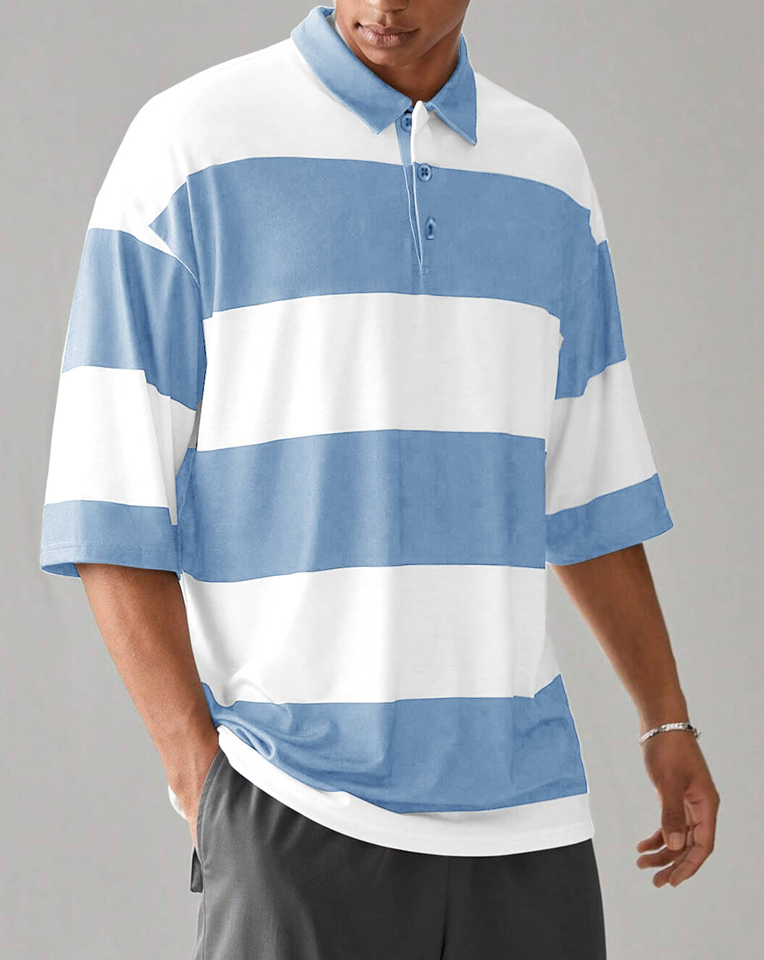 Eyebogler Men Cotton Blend Oversized Fit Striped Polo T Shirt ( Aqua )     			Eyebogler Men Cotton Blend Oversized Fit Striped Polo T Shirt ( Aqua )