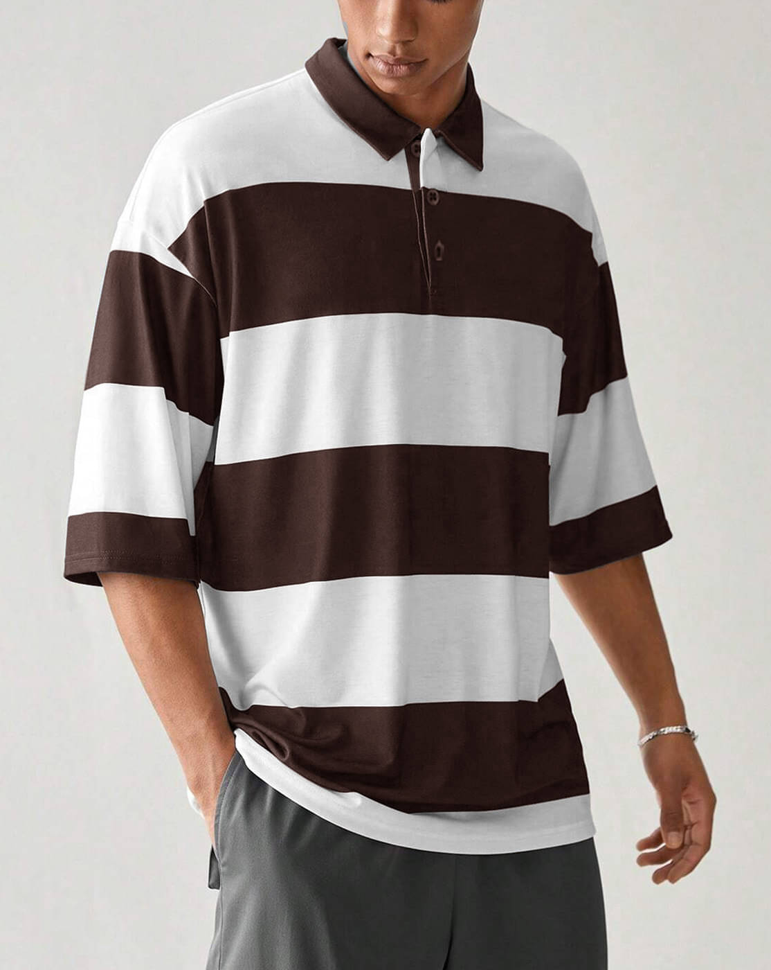     			Eyebogler Men Cotton Blend Oversized Fit Striped Polo T Shirt ( Brown )