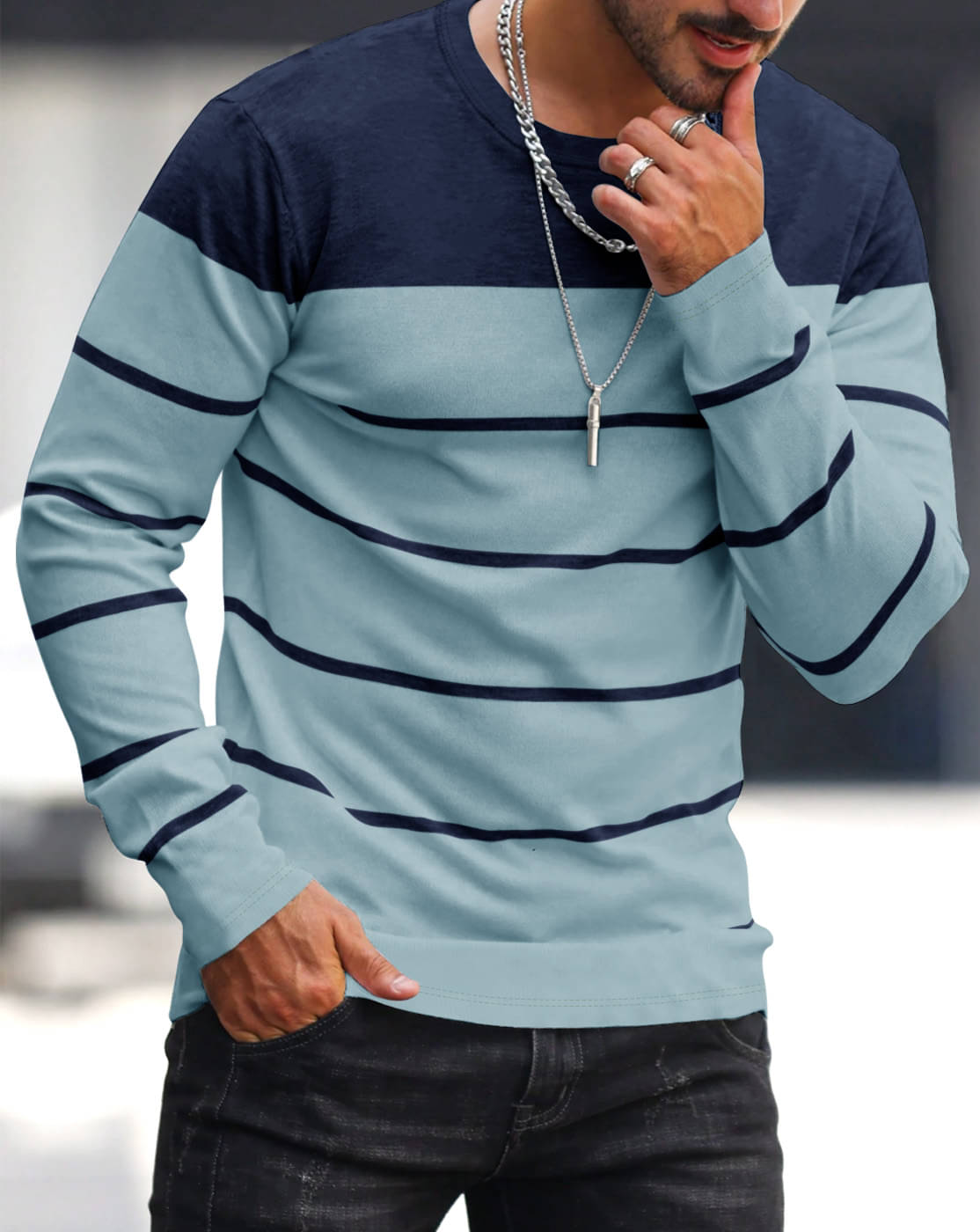     			Eyebogler Men Polyester Regular Fit Striped T-Shirt ( Navy )