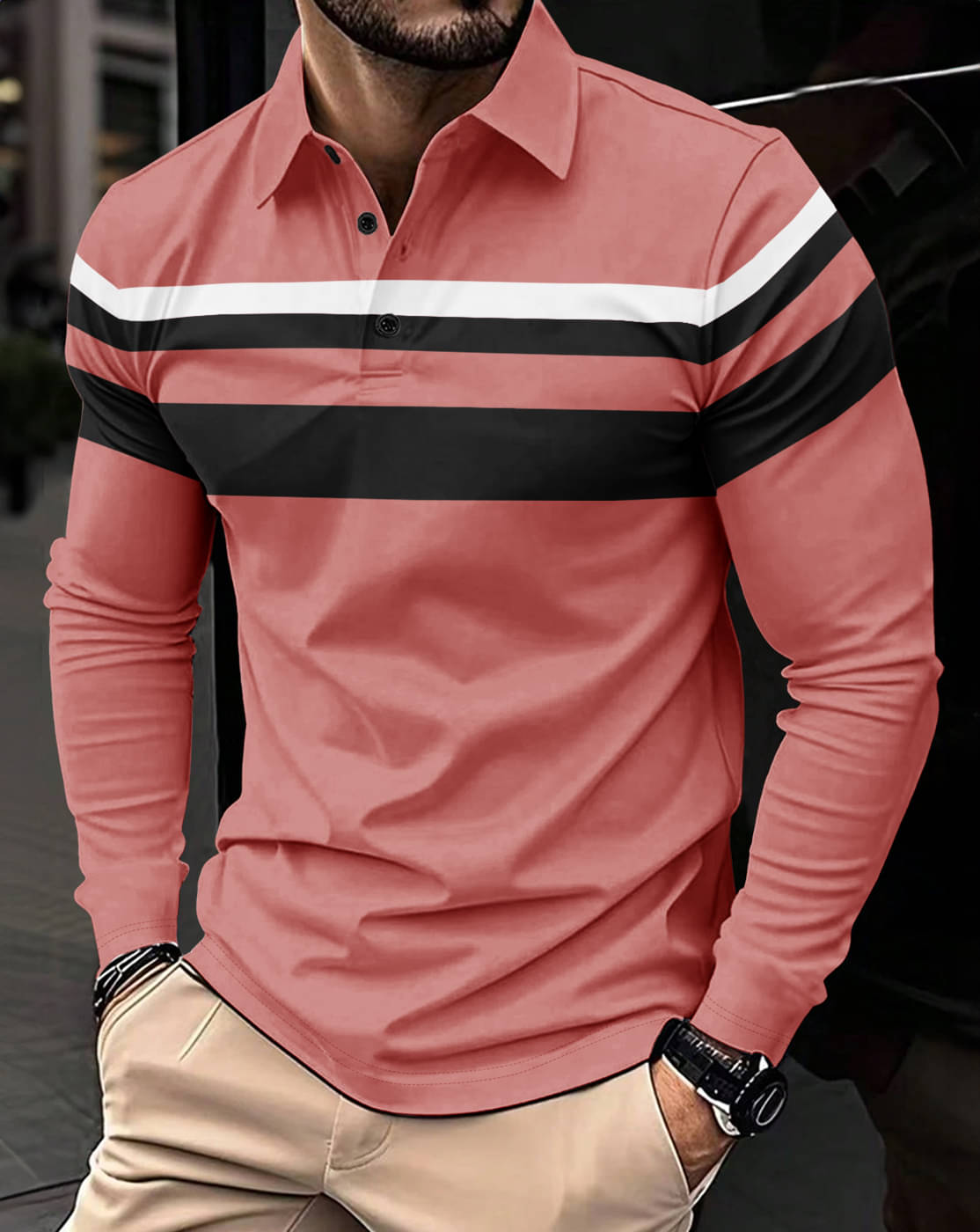     			Eyebogler Men Polyester Regular Fit Striped Polo T Shirt ( Peach )