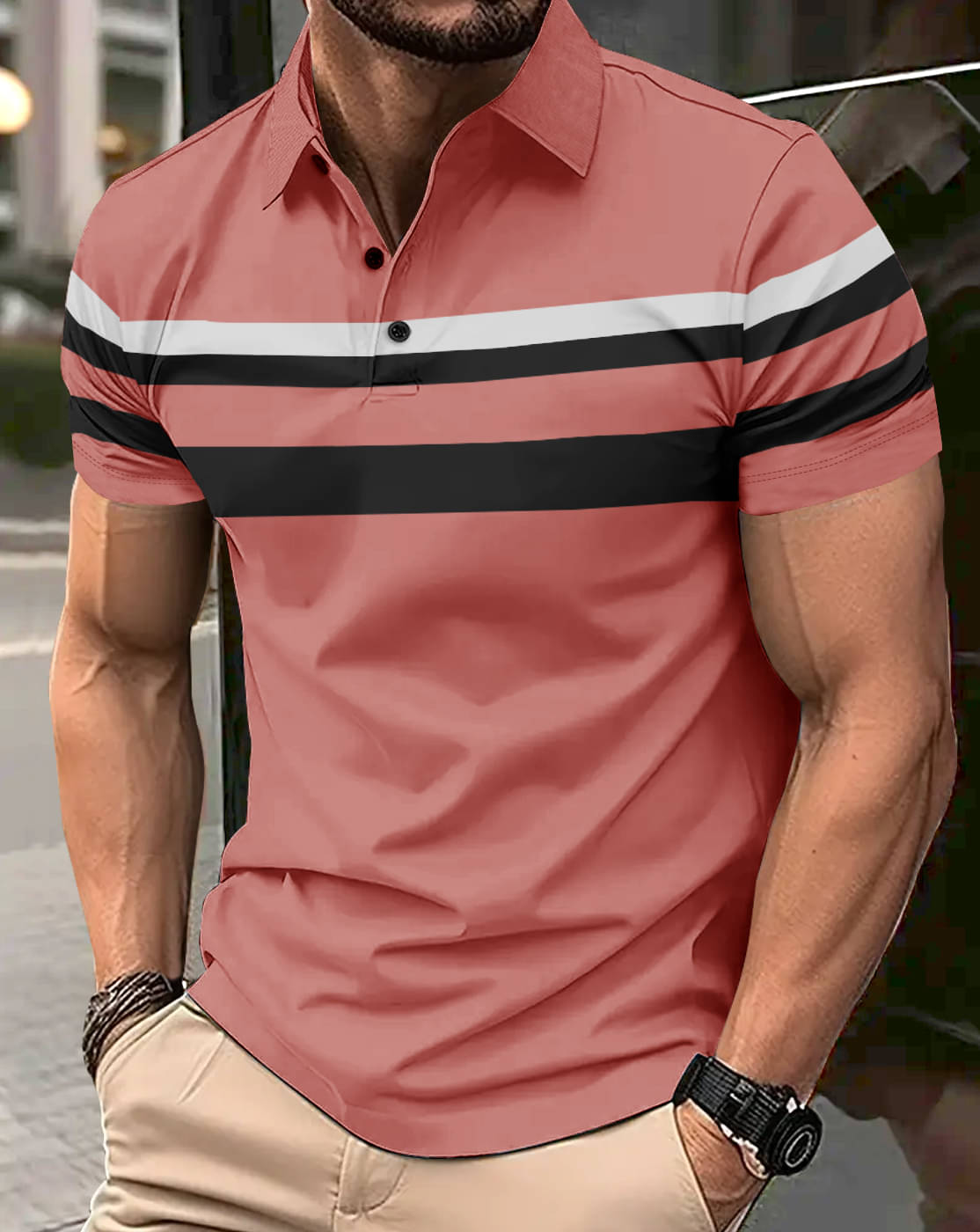     			Eyebogler Men Polyester Regular Fit Striped Polo T Shirt ( Peach )