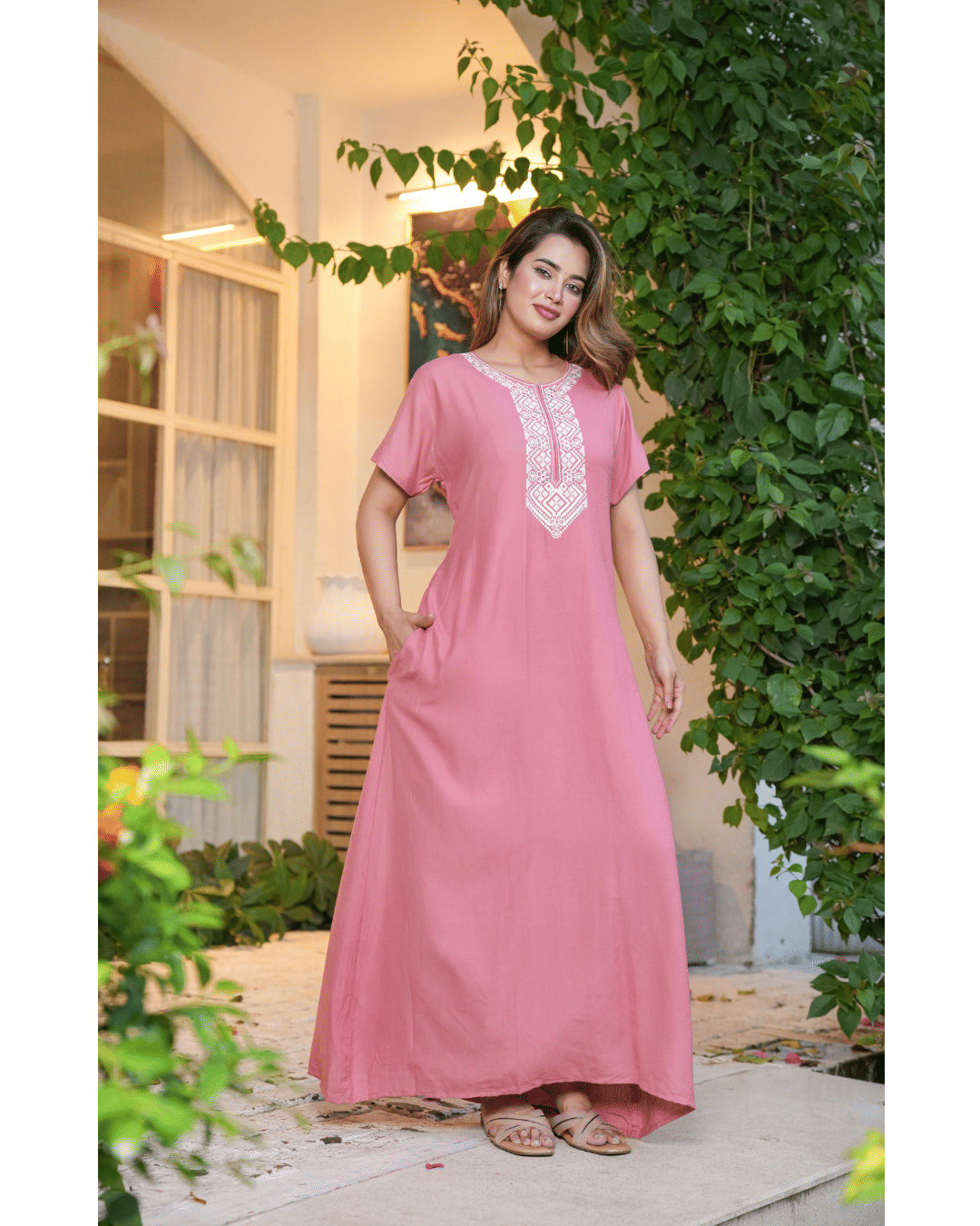     			G4Girl Rayon Embroidered Women Regular Nighty ( Peach )
