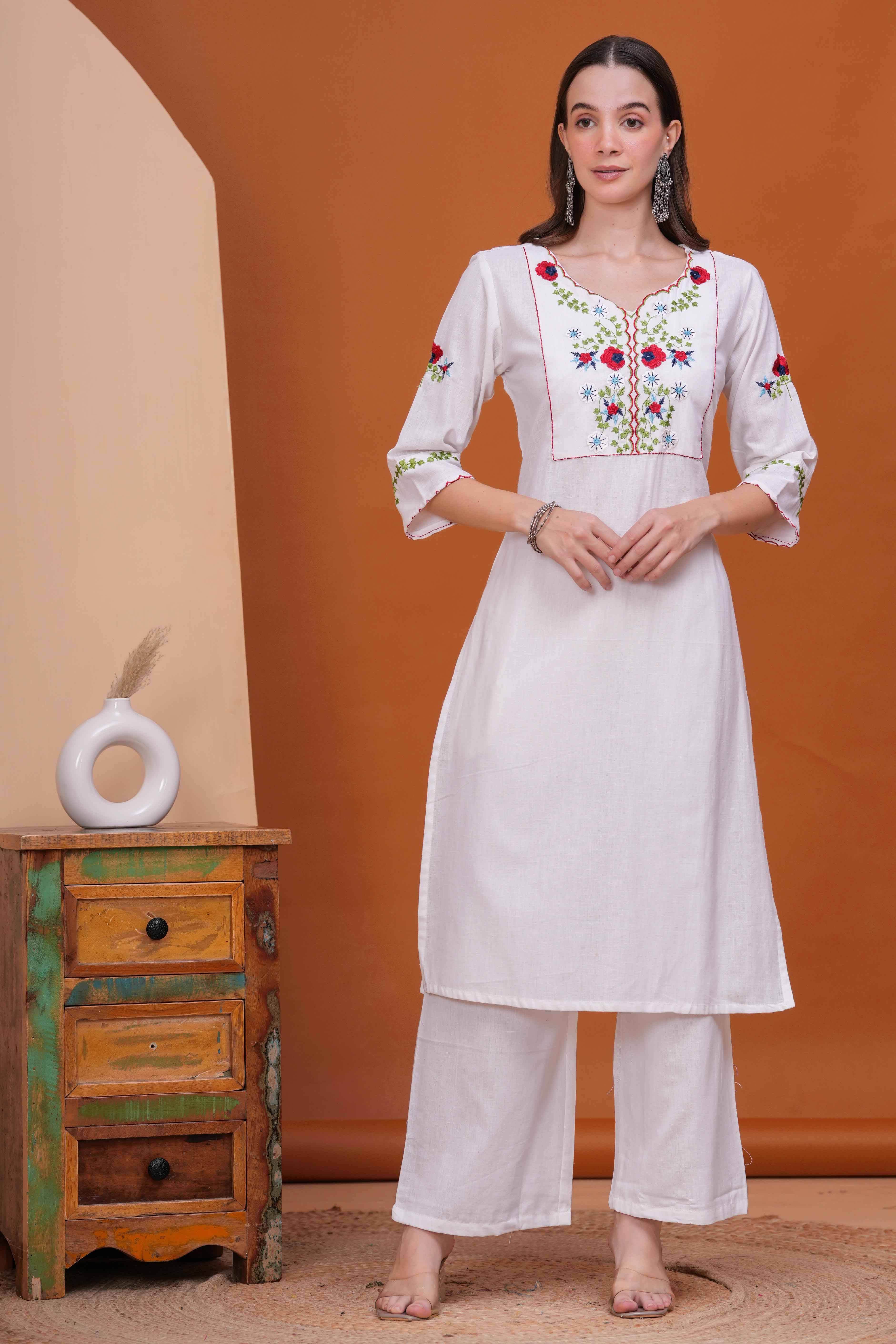     			HIGHLIGHT FASHION EXPORT Women Cotton Solid Straight Kurti With Palazzo ( White )