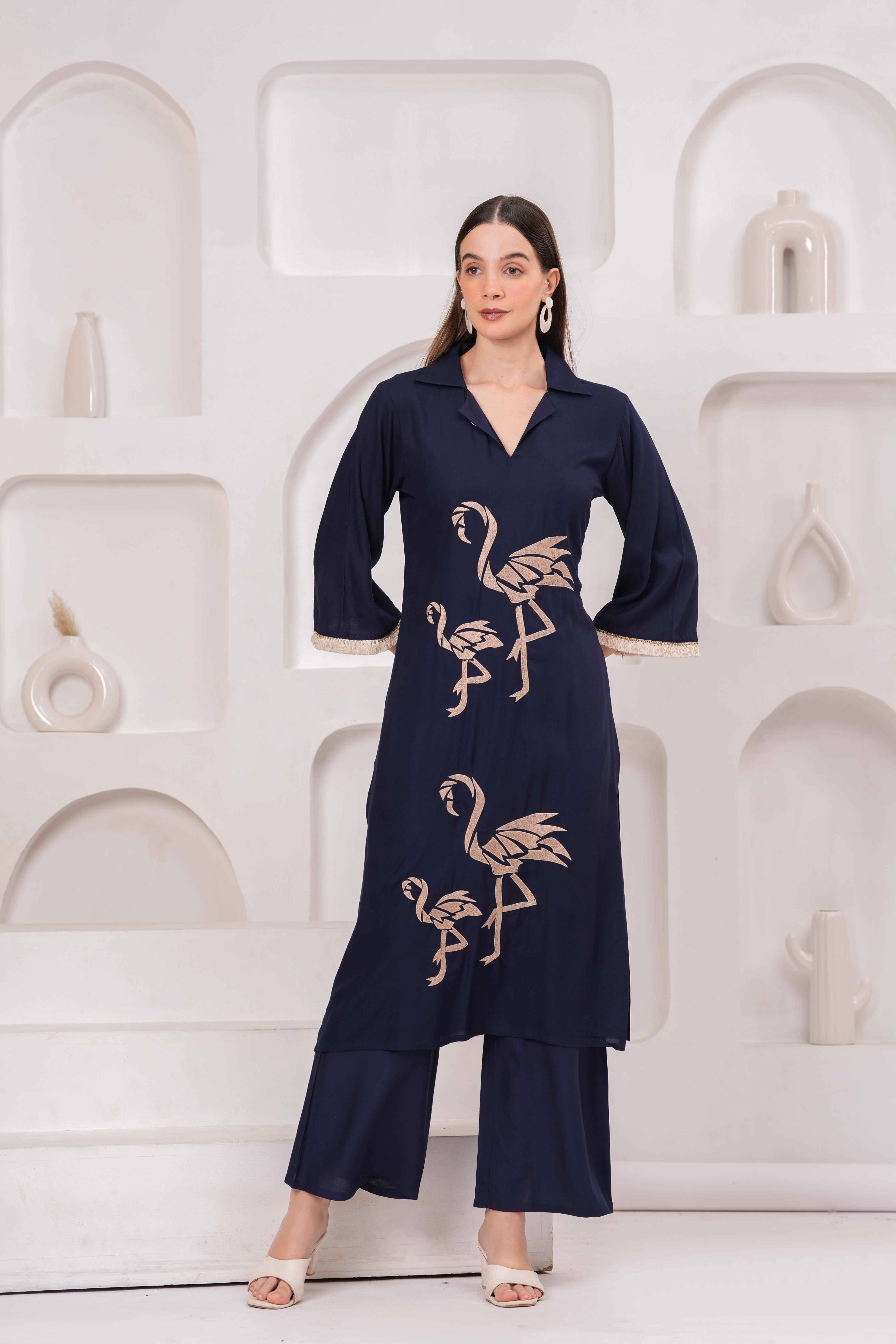 HIGHLIGHT FASHION EXPORT Women Rayon Solid Straight Kurti With Palazzo ( Navy )     			HIGHLIGHT FASHION EXPORT Women Rayon Solid Straight Kurti With Palazzo ( Navy )