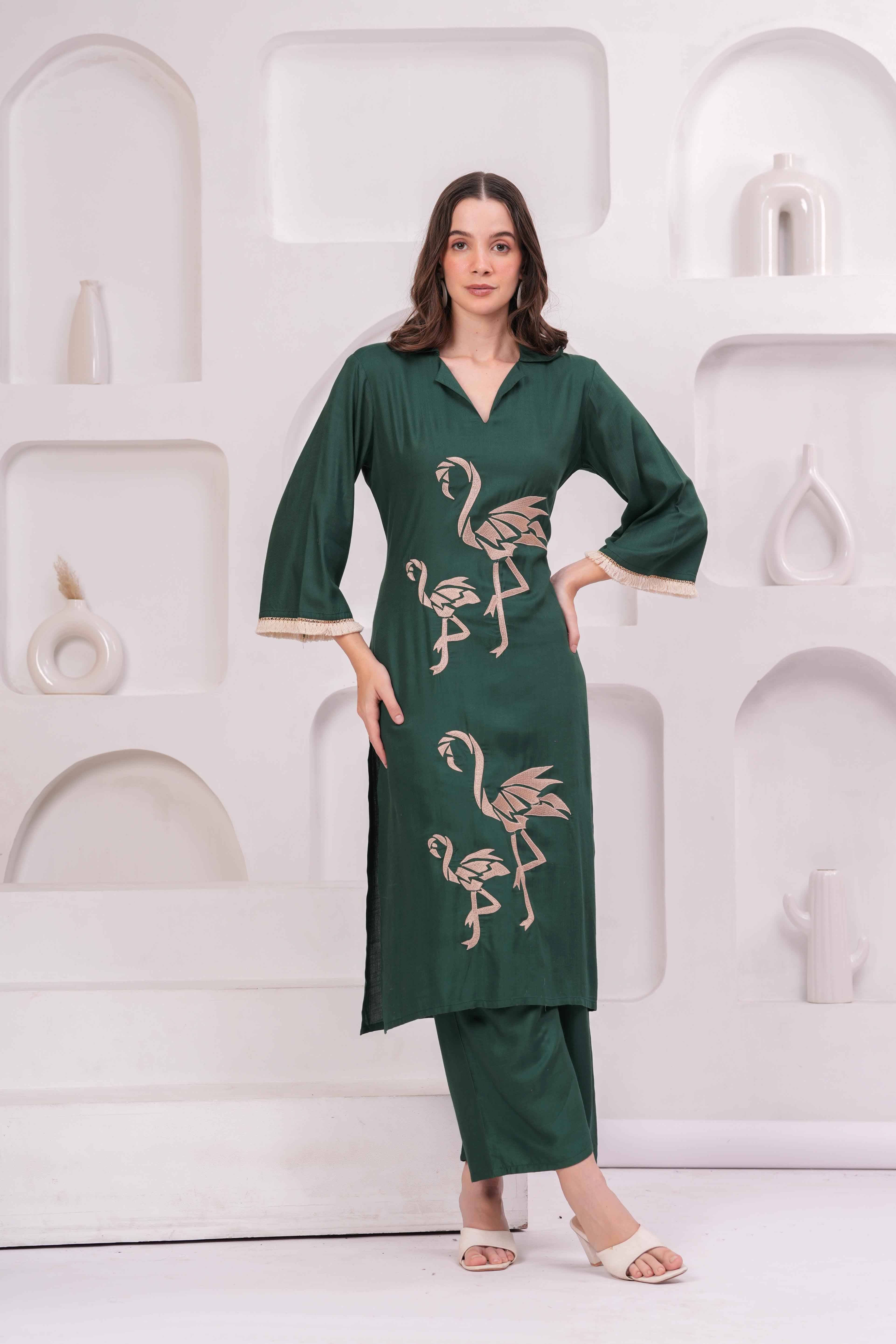     			HIGHLIGHT FASHION EXPORT Women Rayon Solid Straight Kurti With Palazzo ( Green )