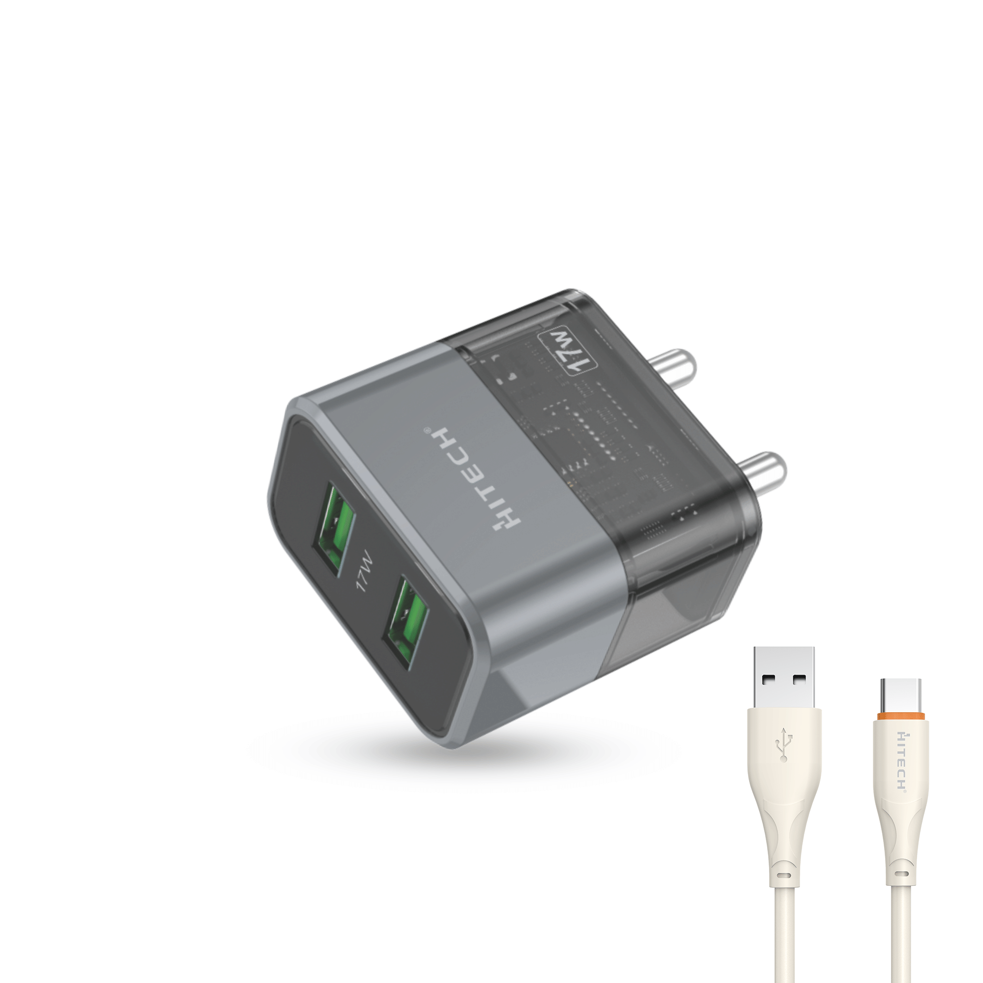     			HITECH 17 Watt VOOC 3 A Dual Port Mobile Charger with Detachable Type-C USB Cable -Black