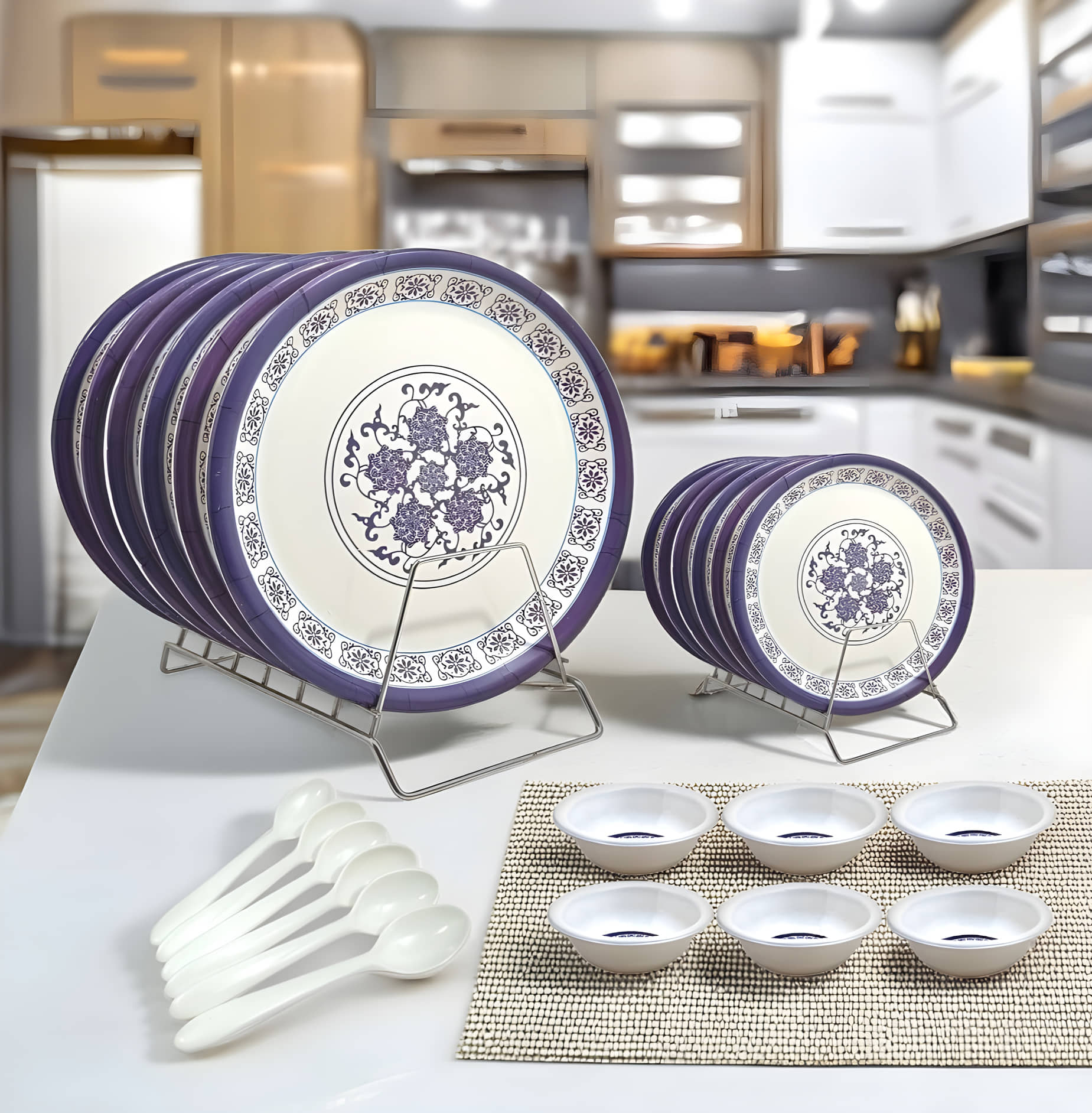 Inpro Stackable and Reusable Printed Melamine Dinner Set ( Pack of 24 ) Multicolor