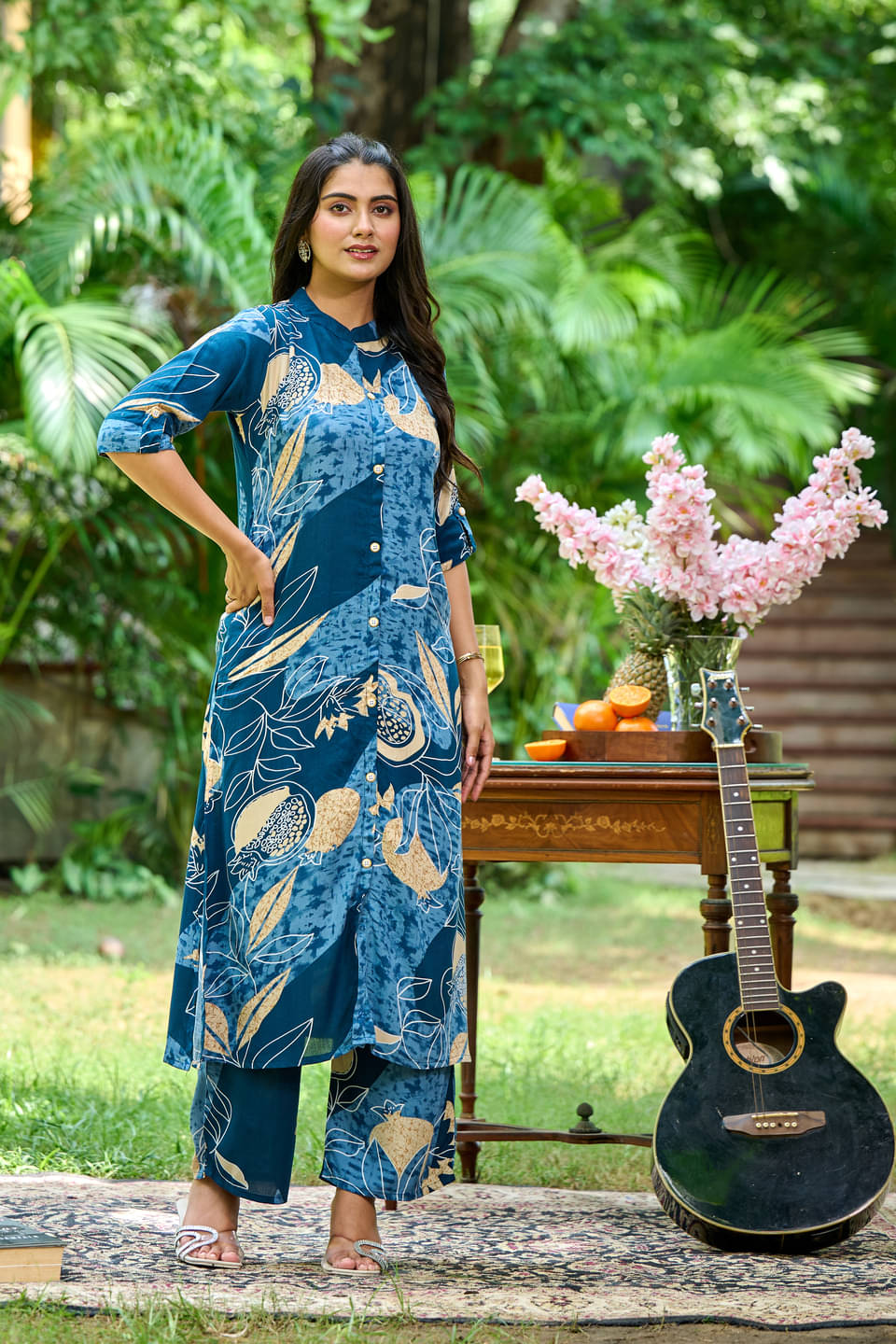     			Jinal Creation Women Rayon Self Design A-line Kurti With Pants ( Blue )