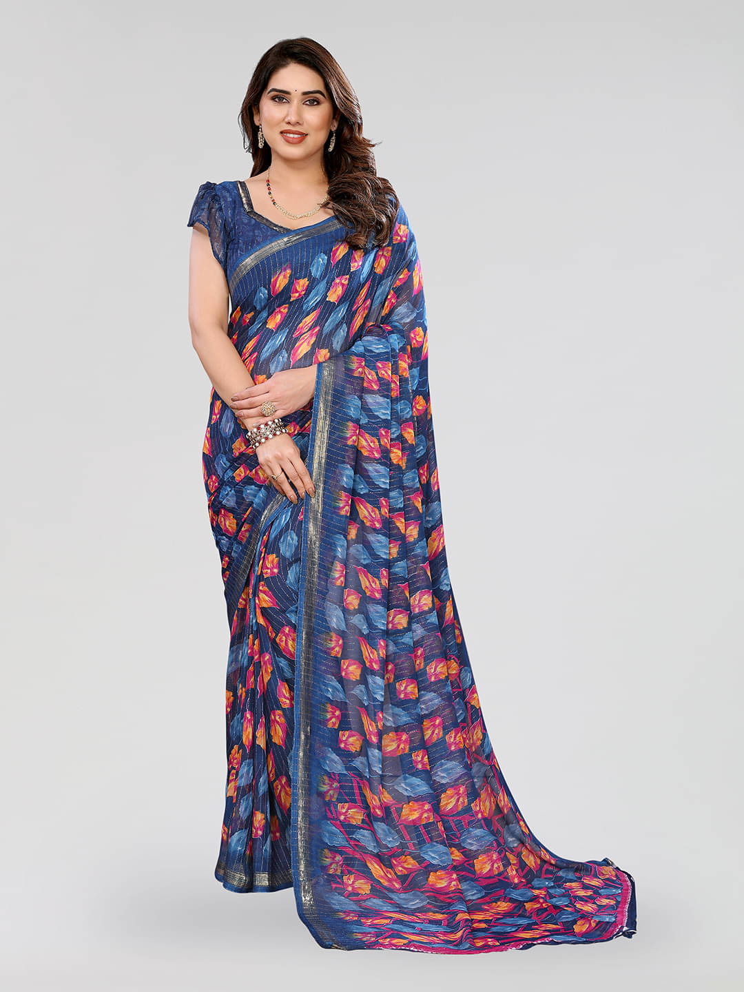 Kashvi Sarees Georgette Printed Kasavu Saree With Unstitched Blouse Piece ( BLUE )     			Kashvi Sarees Georgette Printed Kasavu Saree With Unstitched Blouse Piece ( BLUE )