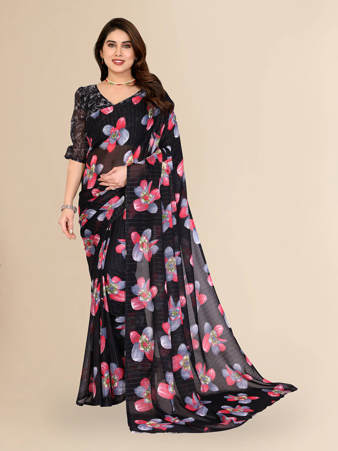     			Kashvi Sarees Georgette Printed Kasavu Saree With Unstitched Blouse Piece ( BLACK )