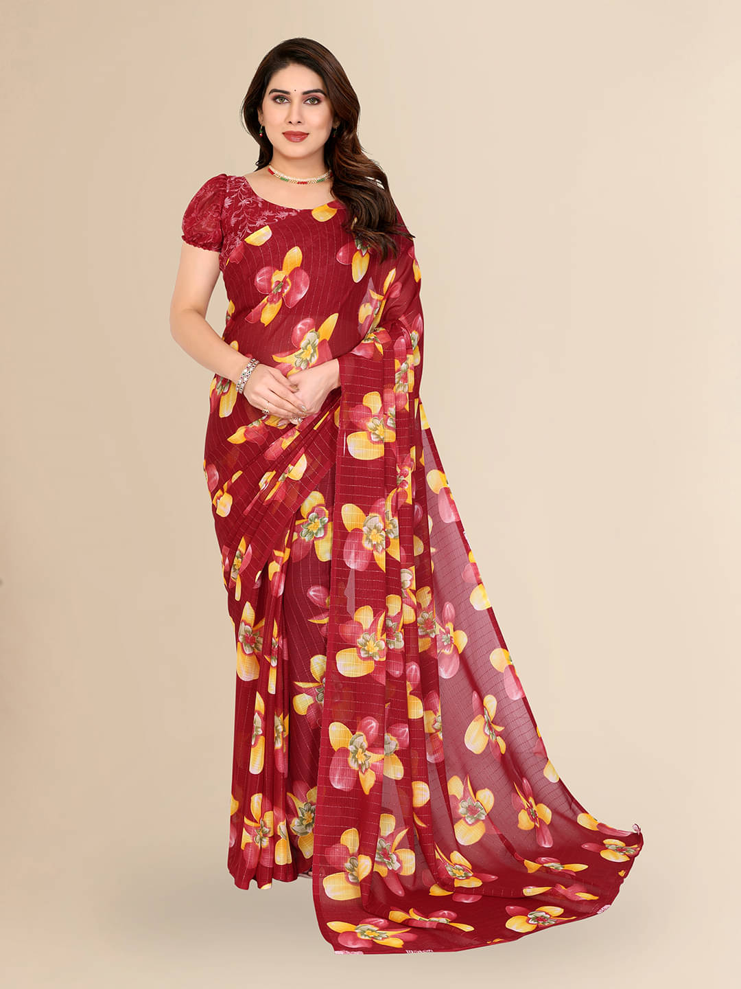 Kashvi Sarees Georgette Printed Kasavu Saree With Unstitched Blouse Piece ( RED )     			Kashvi Sarees Georgette Printed Kasavu Saree With Unstitched Blouse Piece ( RED )