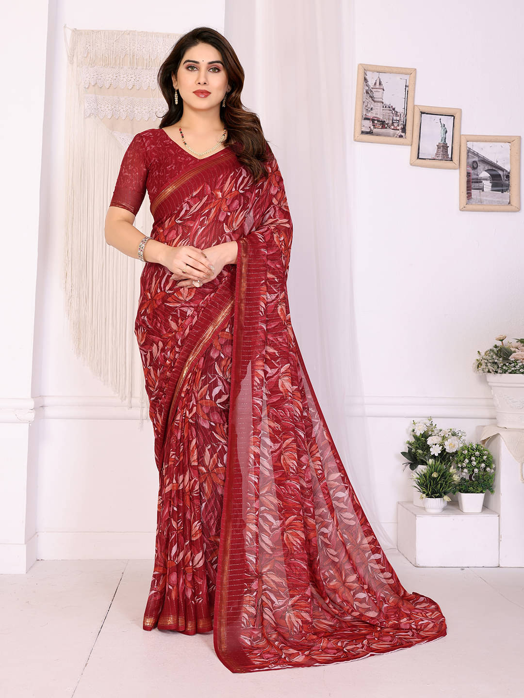 Kashvi Sarees Georgette Printed Kasavu Saree With Unstitched Blouse Piece ( RED )     			Kashvi Sarees Georgette Printed Kasavu Saree With Unstitched Blouse Piece ( RED )