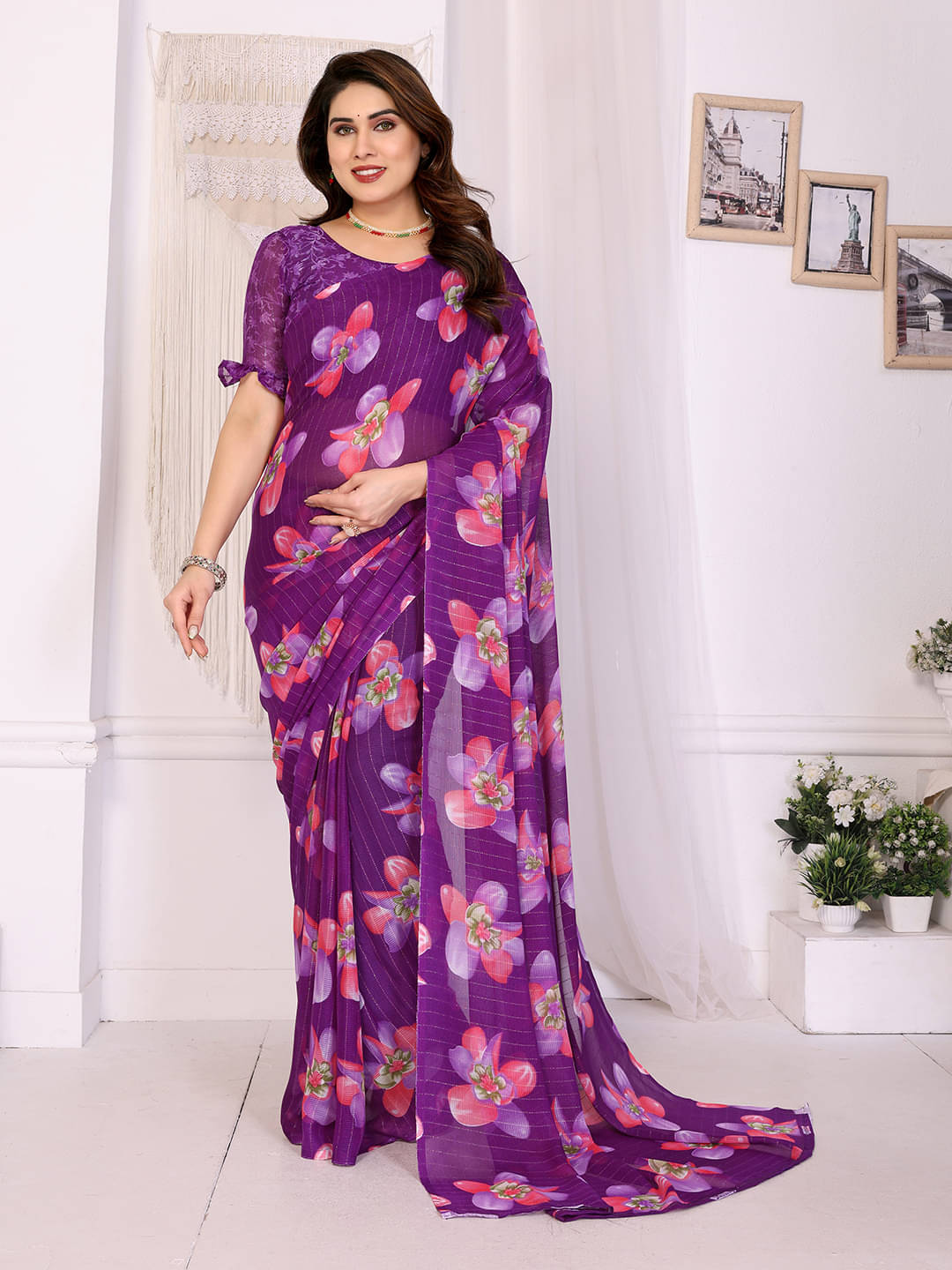     			Kashvi Sarees Georgette Printed Kasavu Saree With Unstitched Blouse Piece ( PURPLE )
