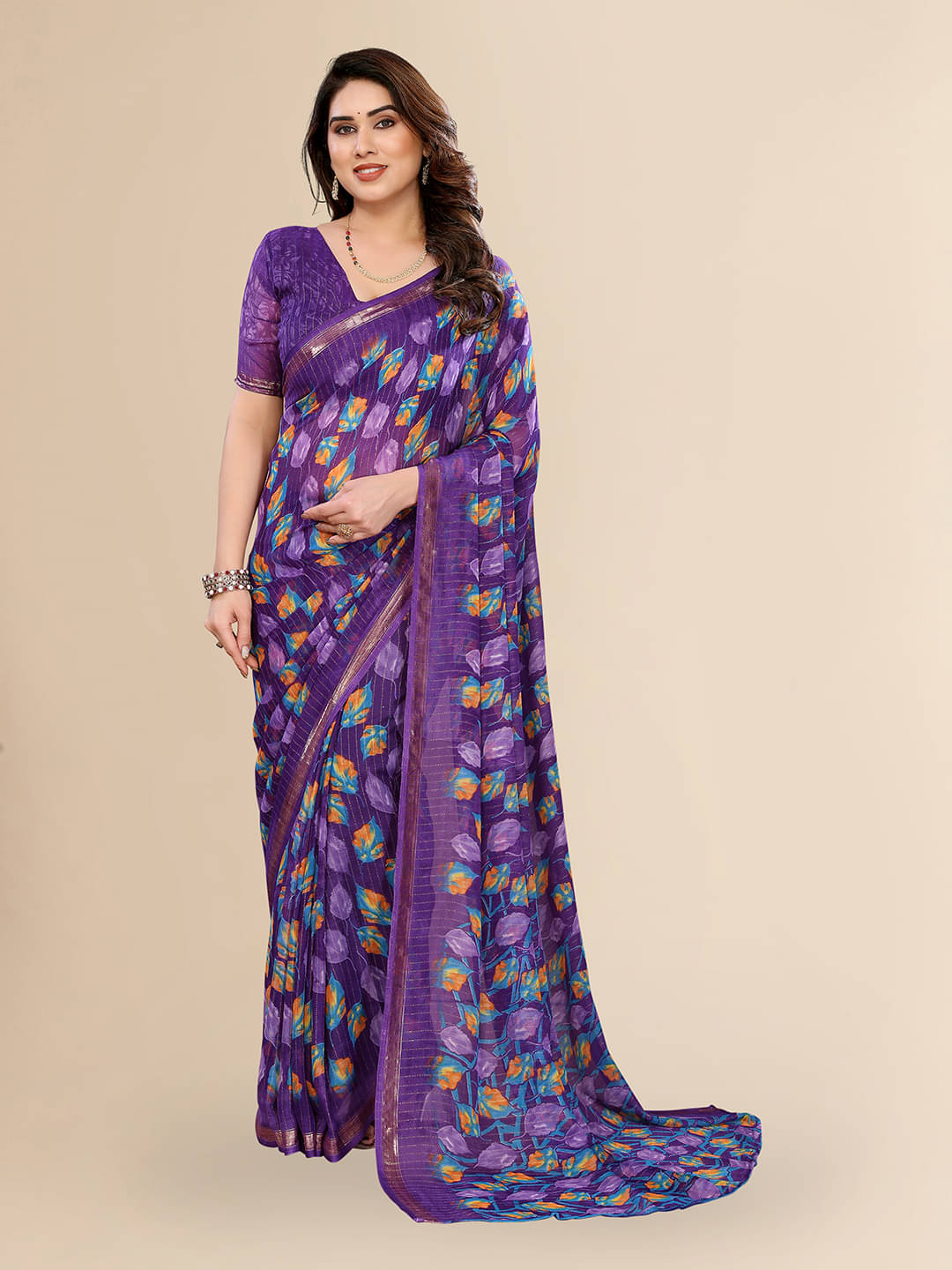     			Kashvi Sarees Georgette Printed Kasavu Saree With Unstitched Blouse Piece ( PURPLE )