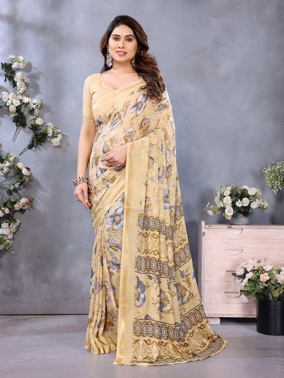     			Kashvi Sarees Georgette Printed Kasavu Saree With Unstitched Blouse Piece ( CREAM )