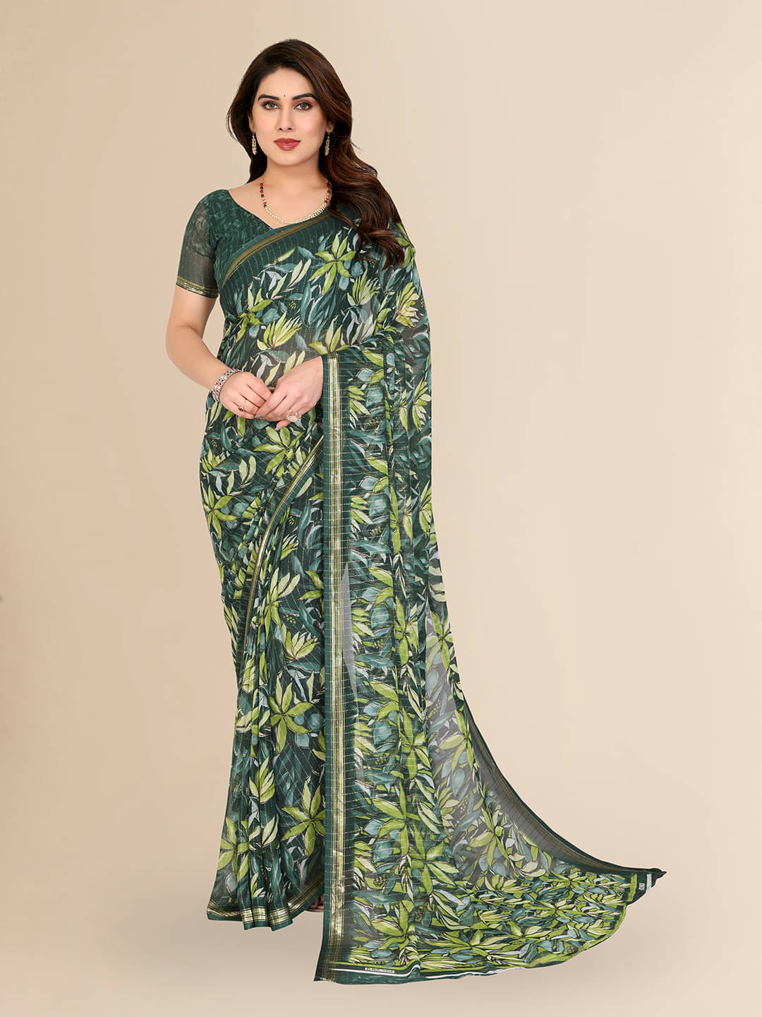     			Kashvi Sarees Georgette Printed Kasavu Saree With Unstitched Blouse Piece ( GREEN )