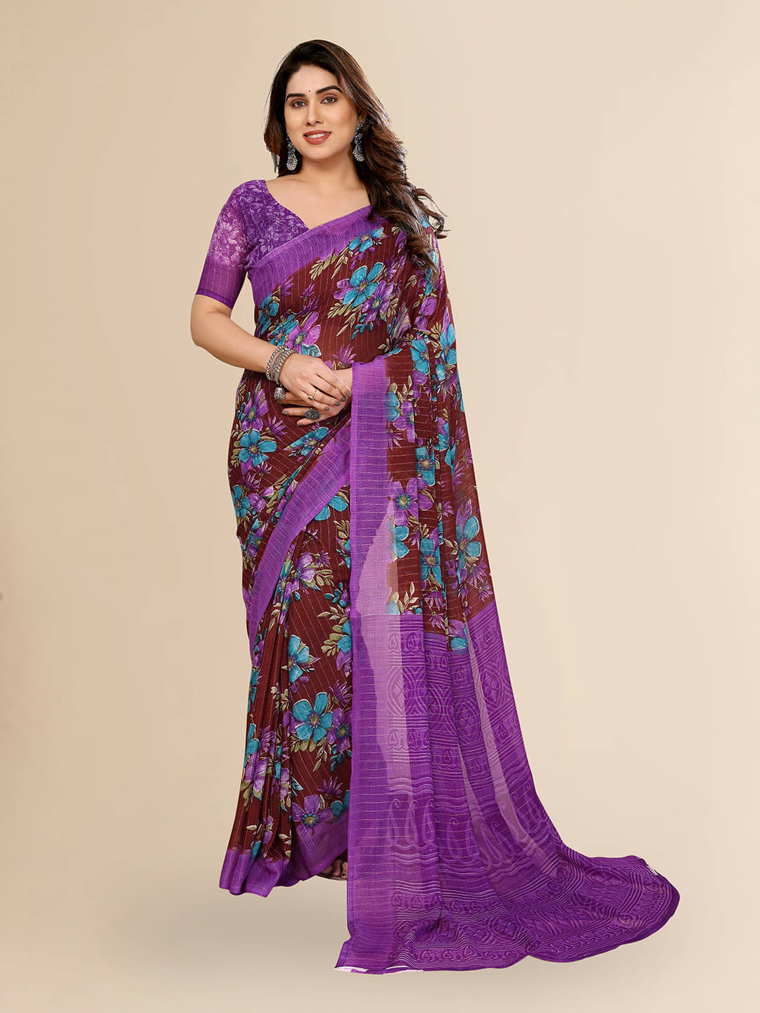     			Kashvi Sarees Georgette Printed Kasavu Saree With Unstitched Blouse Piece ( PURPLE )