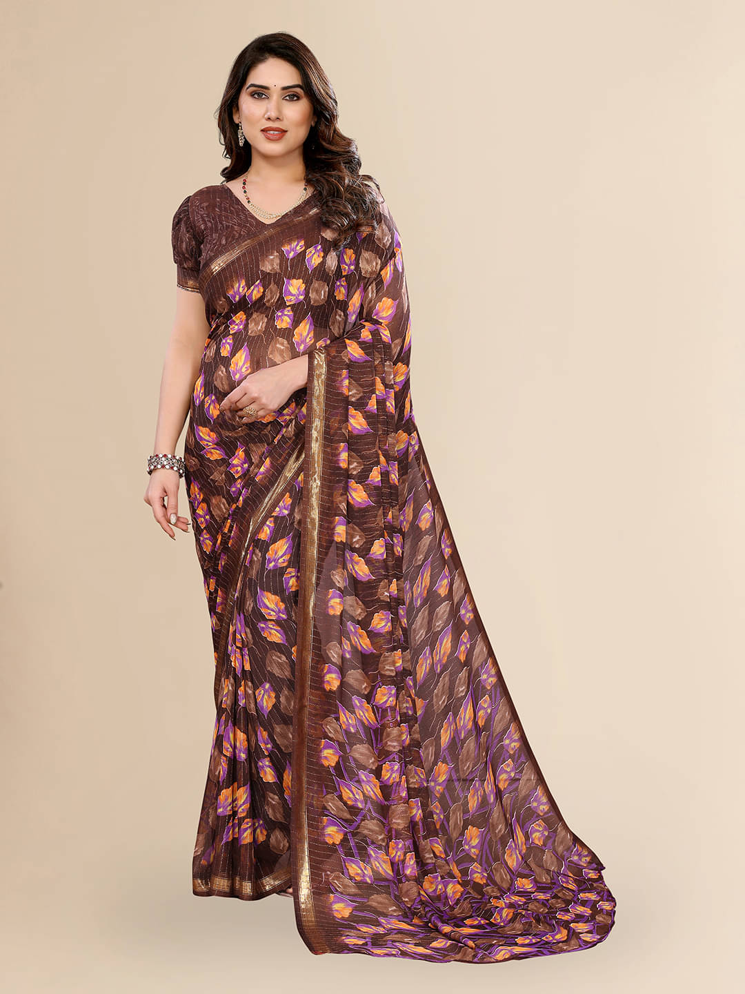    			Kashvi Sarees Georgette Printed Kasavu Saree With Unstitched Blouse Piece ( BROWN )