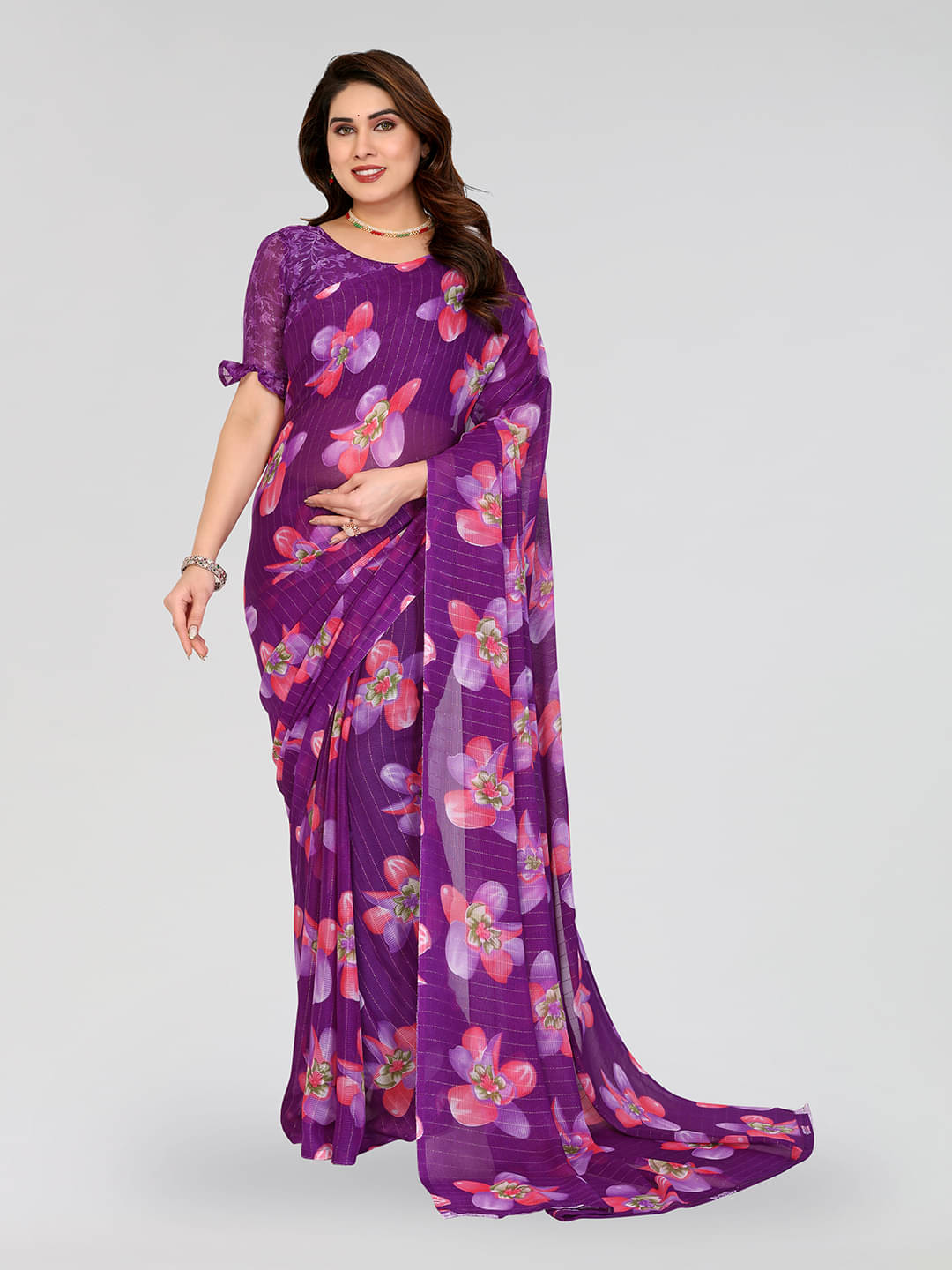     			Kashvi Sarees Georgette Printed Kasavu Saree With Unstitched Blouse Piece ( PURPLE )