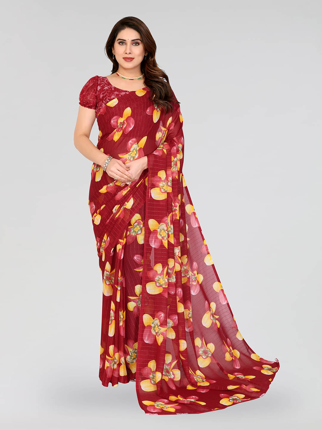     			Kashvi Sarees Georgette Printed Kasavu Saree With Unstitched Blouse Piece ( RED )