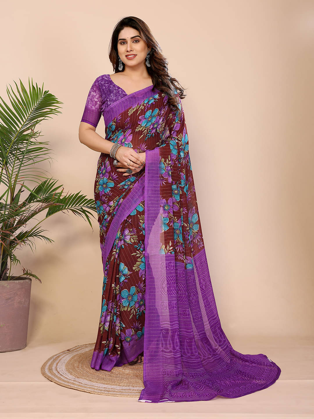     			Kashvi Sarees Georgette Printed Kasavu Saree With Unstitched Blouse Piece ( PURPLE )