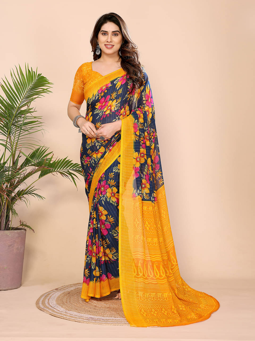 Kashvi Sarees Georgette Printed Kasavu Saree With Unstitched Blouse Piece ( YELLOW )     			Kashvi Sarees Georgette Printed Kasavu Saree With Unstitched Blouse Piece ( YELLOW )