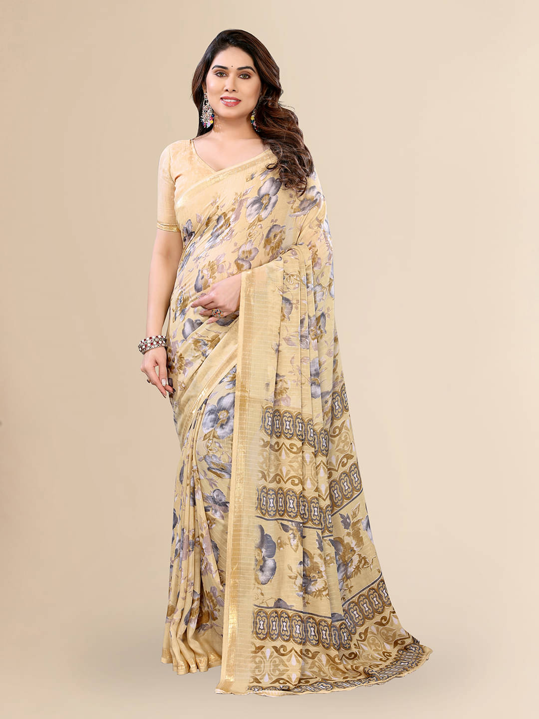 Kashvi Sarees Georgette Printed Kasavu Saree With Unstitched Blouse Piece ( CREAM )     			Kashvi Sarees Georgette Printed Kasavu Saree With Unstitched Blouse Piece ( CREAM )