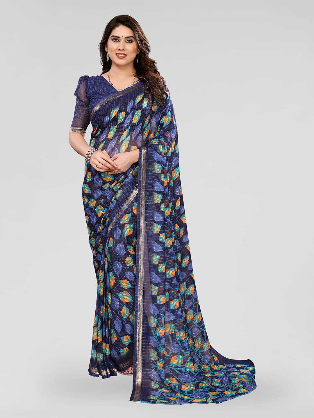     			Kashvi Sarees Georgette Printed Kasavu Saree With Unstitched Blouse Piece ( Navy Blue )